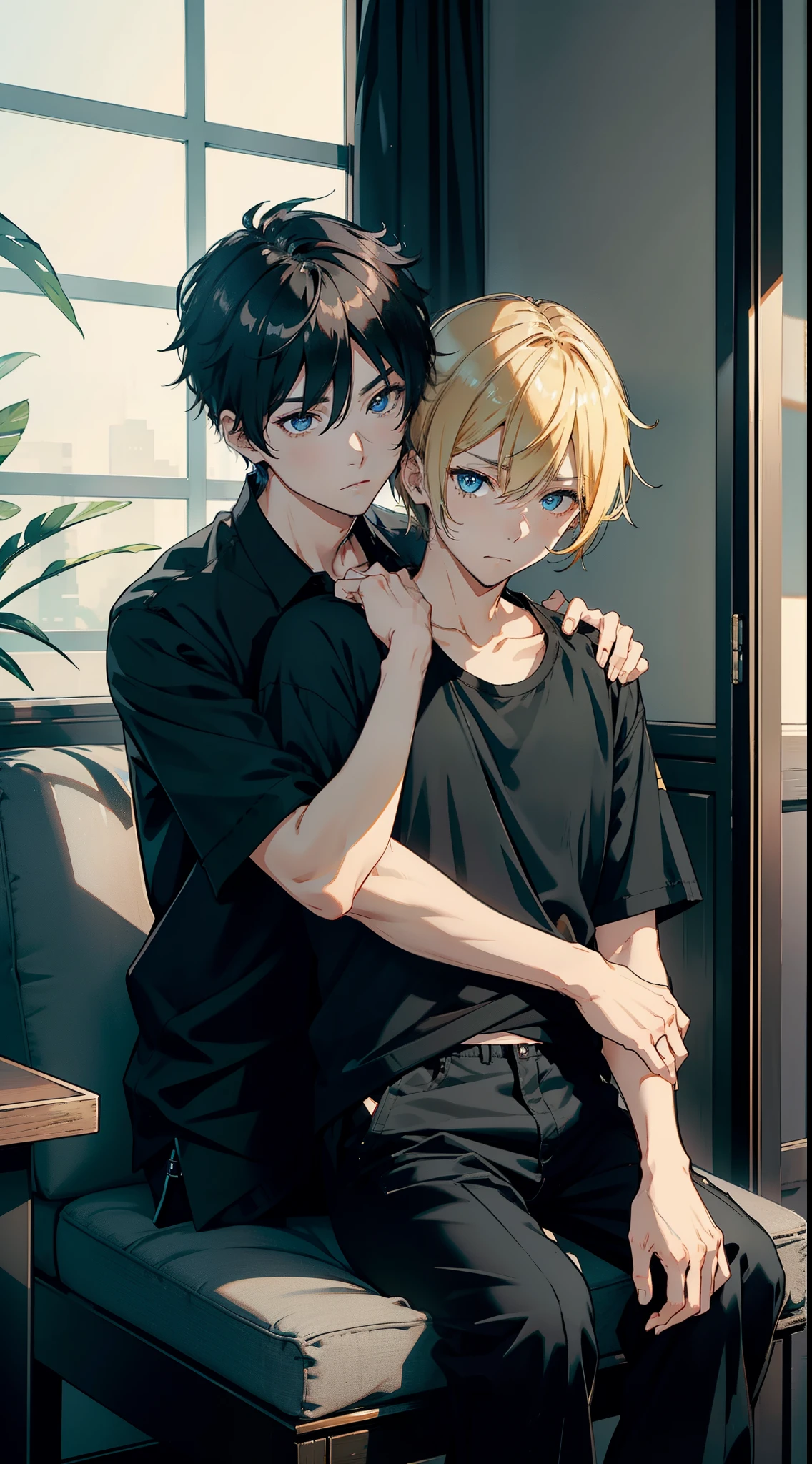 Sit facing the front。Golden wolf cut hairstyle hides left eye。Blue eyes。Staring at me。A boy wearing a black shirt and black pants。Without glasses、Revenge relationship