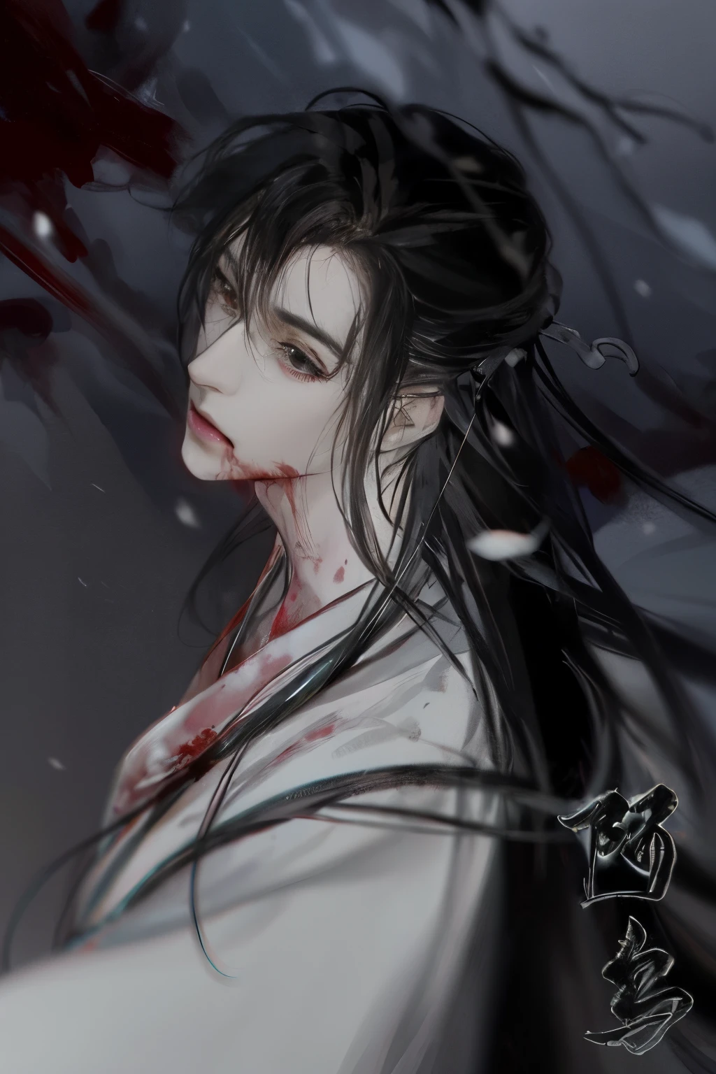 anime, a woman with long hair and blood on her face, handsome guy in demon slayer art, by Yang J, beautiful male god of death, demon slayer rui fanart, by Shitao, by Li Zai, handsome japanese demon boy, the piercing stare of yuki onna, by Zhang Han, artwork in the style of guweiz, his eyes are bleeding intense