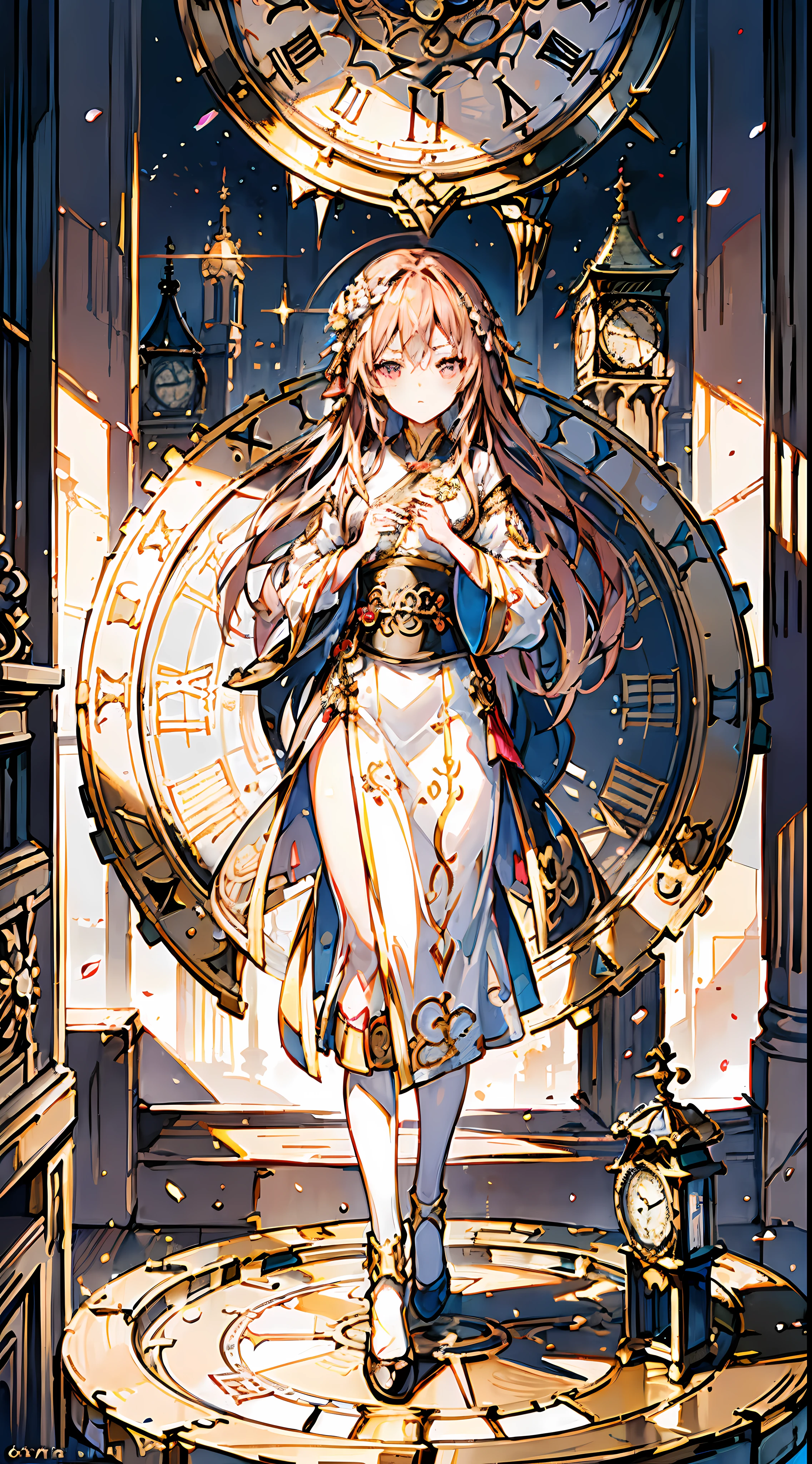 clock, magic_circle, roman_numeral, gears,1girl, long_hair, clock_tower, tower, braid, pocket_watch, solo, long_sleeves, China cloth, hanfu, detailed background, hair ornament, golden clocks, mechanicals