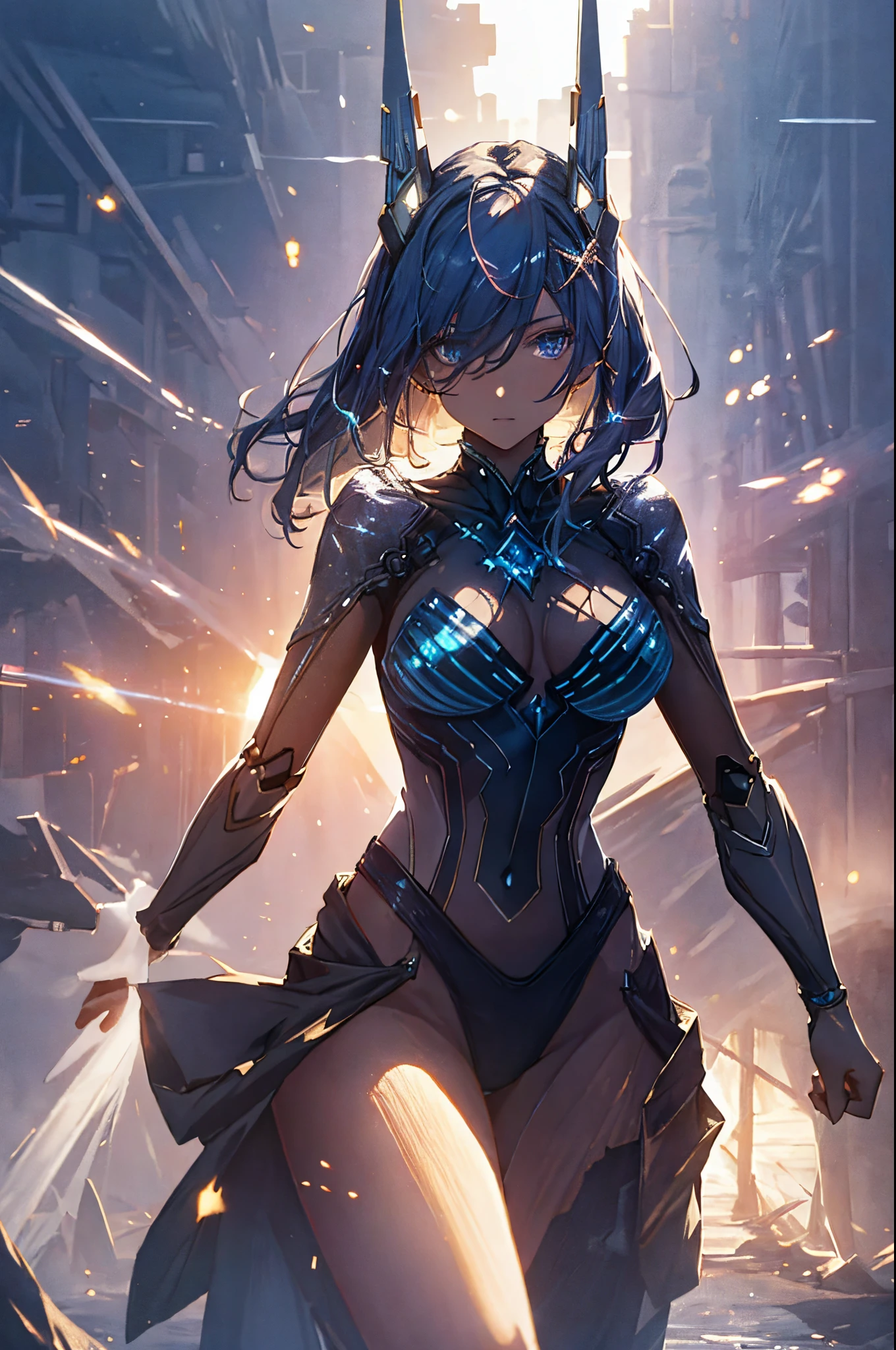 masterpiece, best quality, 1girl, magician, Mysterious expression,magical effects like sparkles or energy, flowing robes or enchanting attire, magical creatures or mystical background, rim lighting, side lighting, cinematic light, ultra high res, 8k uhd, film grain,best shadow, delicate, RAW, light particles, detailed skin texture, detailed cloth texture, beautiful face,mecha musume, mechanical arms, headgear, bodysuit , fighting stance ,holding sword,attack