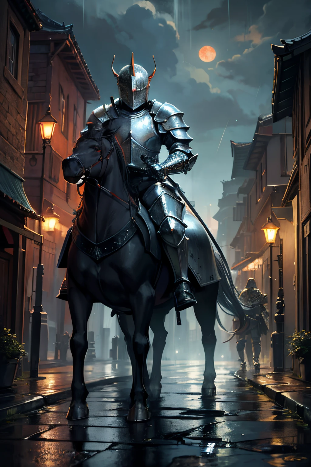 fantasy art, RPG art, high details, best quality, 16k, RAW, [best detailed], masterpiece, best quality, (extremely detailed), (full body: 1.2), ultra wide shot, photorealistic, a (noble knight: 1.3) rides his white-horse in the dark streets of a medieval town, its raining heavy rain, the rain drops on the noble knight, drops on the street, puddles in the street, the knight wears (heavy armor :1.3), wearing dragon-helmet, armed with a (intricate sword: 1.3), the street is dark, lit by torches, a (fantasy temple: 1.2) in the background, fantasy urban town setting, cloudy night, full red moon,