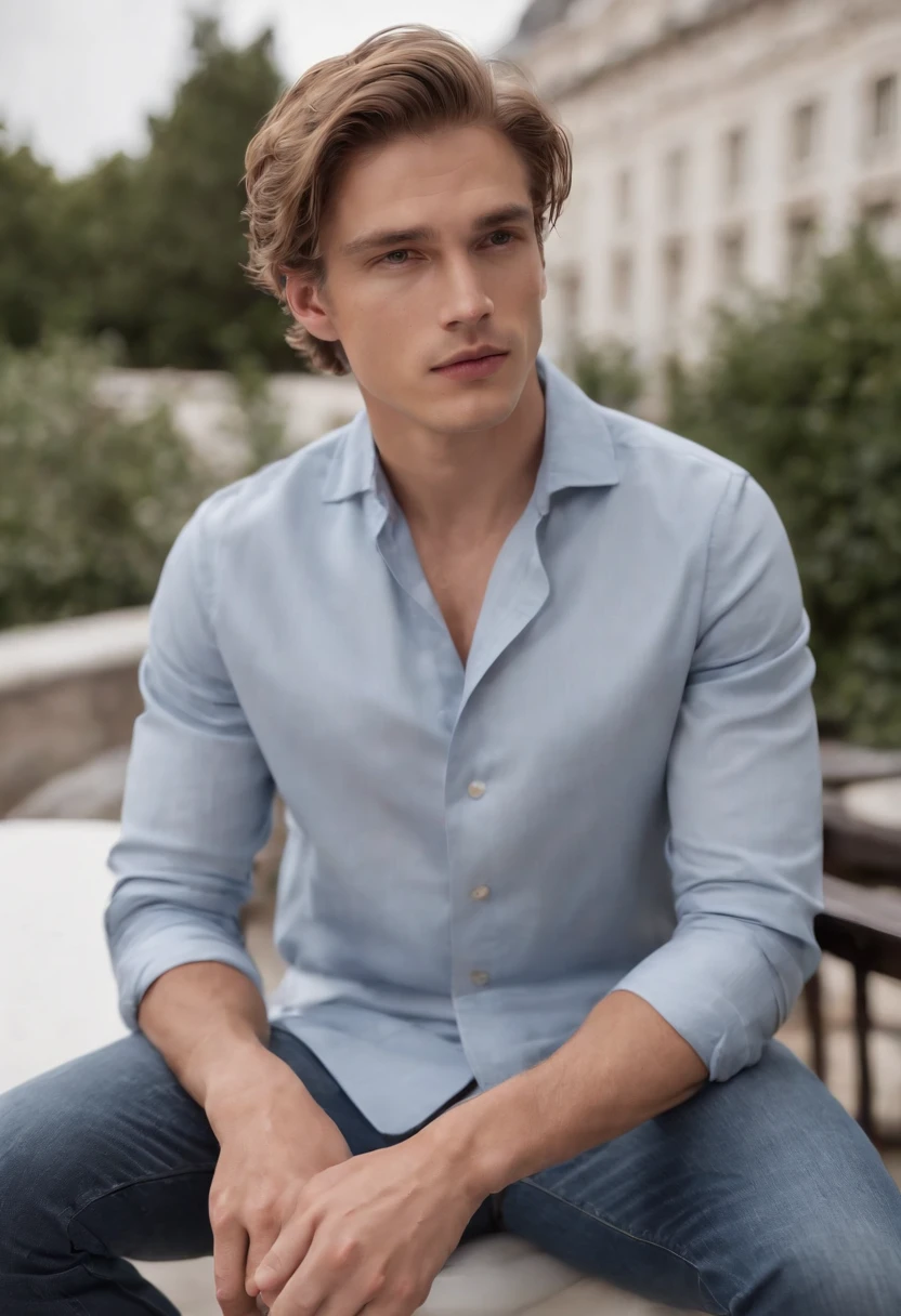 A photo of Nicholas sitting alone at a table in a crowded coffee shop, observing the interactions of those around him.,original,Nicholas looks like the actor and celebrity Tom Glynn-Carney.

Gender: Male

Physical Attributes:
Nicholas possesses a well-maintained physique, distinguished by a toned and slim build, which accentuates his graceful presence. His skin carries a light tan, imbuing him with a healthy, sun-kissed glow that hints at an active lifestyle. His eyes, a piercing shade of blue, draw attention with their depth and clarity.

Hair:
Nicholas sports short, neatly groomed dirty blonde hair, which not only complements his appearance but also underscores his commitment to a polished and sophisticated look.

Apparel:
Nicholas is characterized by a tasteful and understated sense of fashion. He favors a plain crewneck shirt, reflecting his appreciation for simplicity and practicality. These versatile shirts convey an air of effortlessness and serve as a canvas for his inner complexities.

Complementing his shirt, he chooses straight-leg jeans that strike a harmonious balance between comfort and style. These jeans underscore his practicality, ensuring he's well-prepared for the rigors of everyday life.

To shield against the elements, Nicholas dons a warm and elegant coat, reinforcing his dedication to a refined and polished image. The coat not only offers protection but also projects a hint of sophistication that aligns with his enigmatic persona.

Completing his ensemble, Nicholas opts for semi-formal shoes. These choices combine style and comfort, allowing him to navigate seamlessly between casual and more formal settings. This footwear underscores his adaptability, an attribute that resonates with his multifaceted personality.

In addition to his attire, it's important to note that Nicholas's fashion choices go beyond mere garments; they reflect his personality, which embodies a compelling blend of charm, intelligence, and darkness.