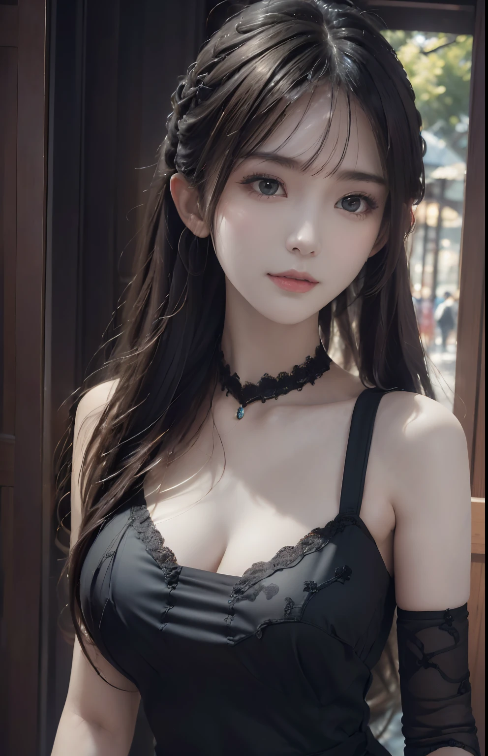 (Hyper-realistic) , (illustratio), (Increase the resolution), (8K), (extremely detaile), (Most Best Illustration), (美丽细致的眼睛), (best qualtiy), (ultra - detailed), (tmasterpiece), ( wallpaper), (详细的脸), 独奏,1个Giant Breast Girl, looking at viewert, exquisite detailing, 详细的脸, in the darkness nigth, deep shading, low tune, ssmile,long whitr hair,Black shawl straight hair,46 points oblique bangs, black lace top, A close-up half-length photo.
