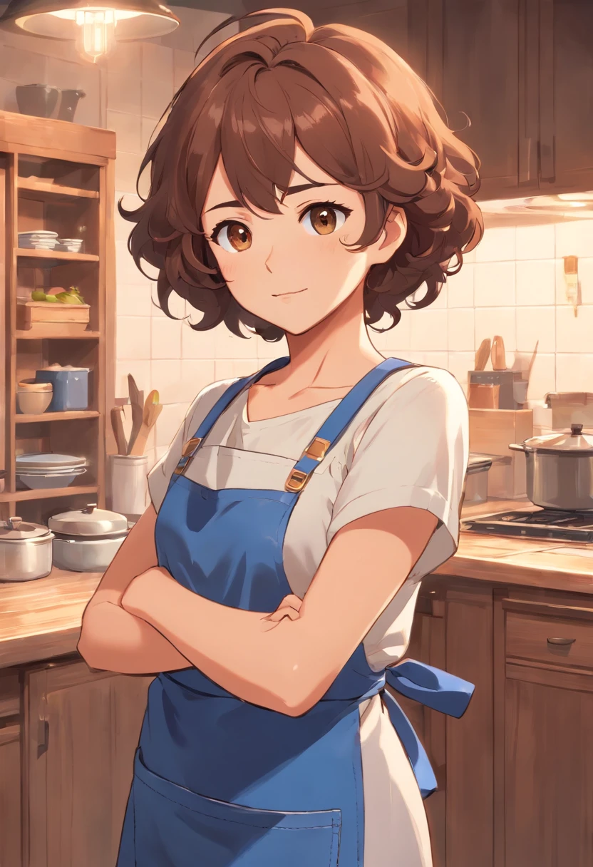 a curly hair mom，Brown eyes，Clothes wearing a blue apron， Full body standing posture
