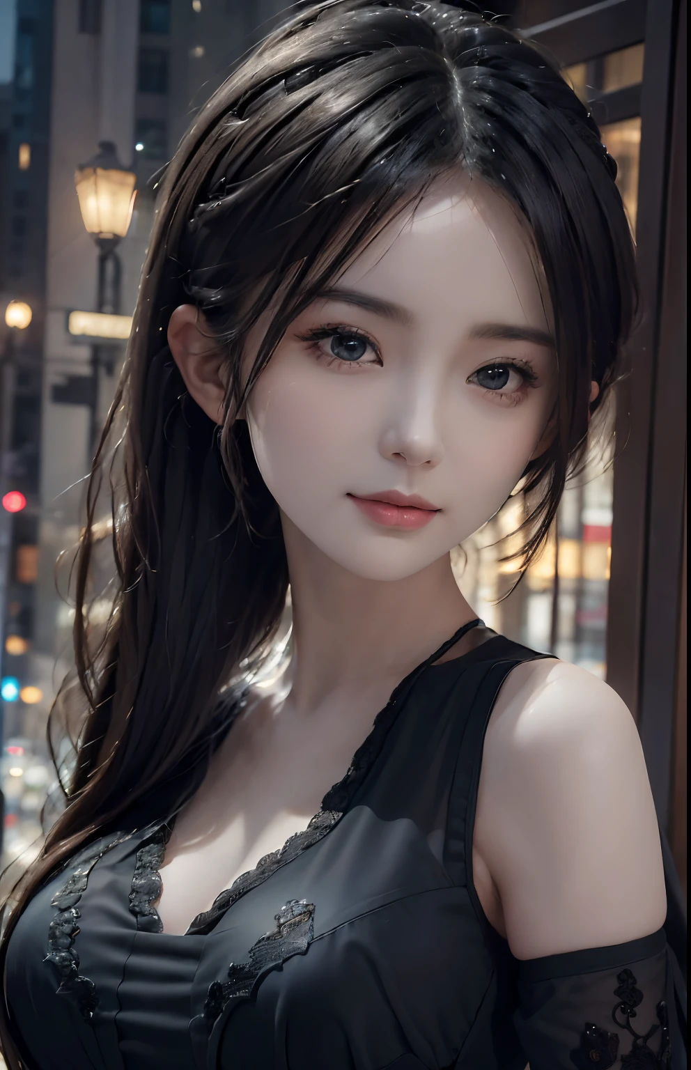 (Hyper-realistic) , (illustratio), (Increase the resolution), (8K), (extremely detaile), (Most Best Illustration), (美丽细致的眼睛), (best qualtiy), (ultra - detailed), (tmasterpiece), ( wallpaper), (详细的脸), 独奏,1个Giant Breast Girl, looking at viewert, exquisite detailing, 详细的脸, in the darkness nigth, deep shading, low tune, ssmile,long whitr hair，Black shawl straight hair，46 points oblique bangs, black lace top, A close-up half-length photo.