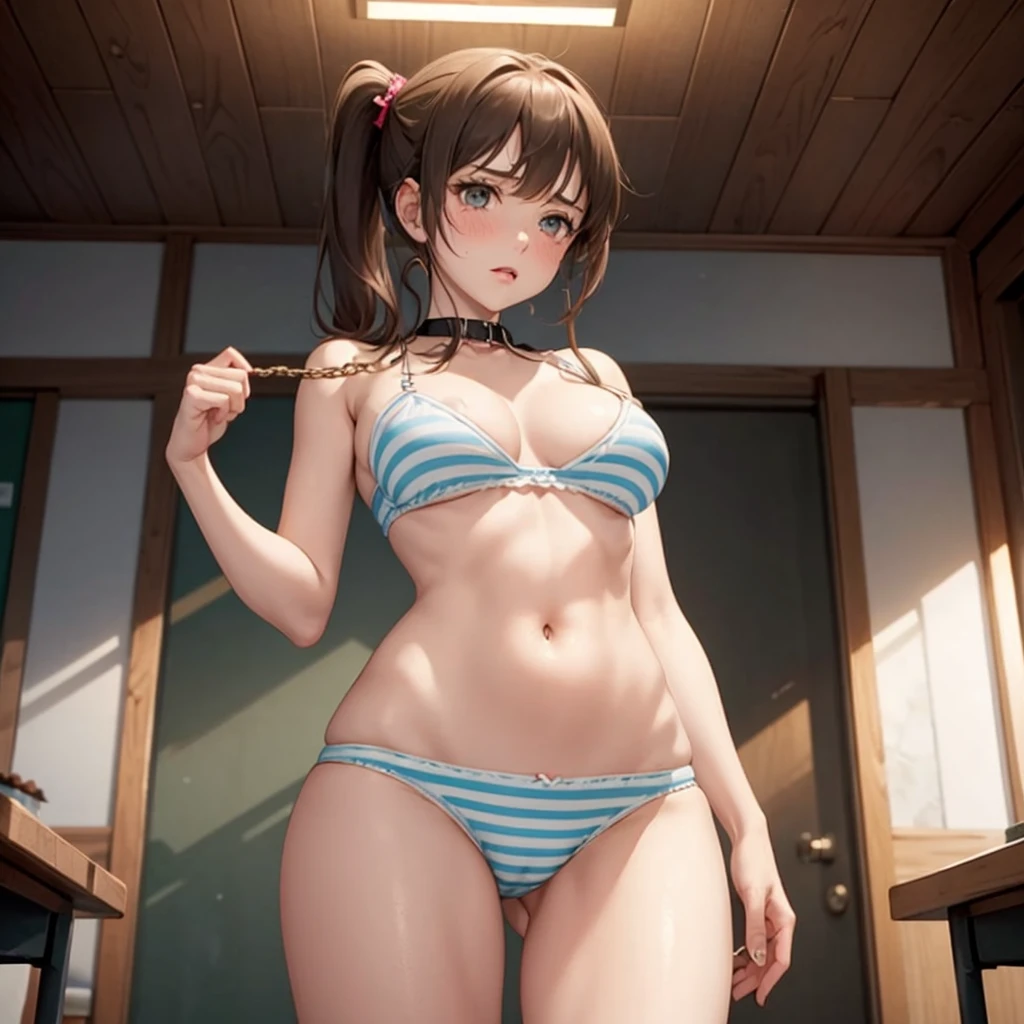 1girl in,A girl with a ponytail standing shyly in her underwear,i&#39;i&#39;i&#39;I&#39;m so embarrassed I feel like crying..,Boyish idol-level cuteness,I'm so embarrassed that I almost cry,red blush,Teary-eyed,Accurately drawn face,poneyTail,A dark-haired,Slender but big breasts,erectile nipple,Navel,Fine-grained skin,tre anatomically correct,perfectly proportions,Precise fingers,small cotton striped underwear,​masterpiece,hiquality,accuracy,cleavage of the breast,Overflowing,Panties that are small and dig in,be made to stand in front of the classroom、being watched by other students,wear a collar with a chain around the neck,