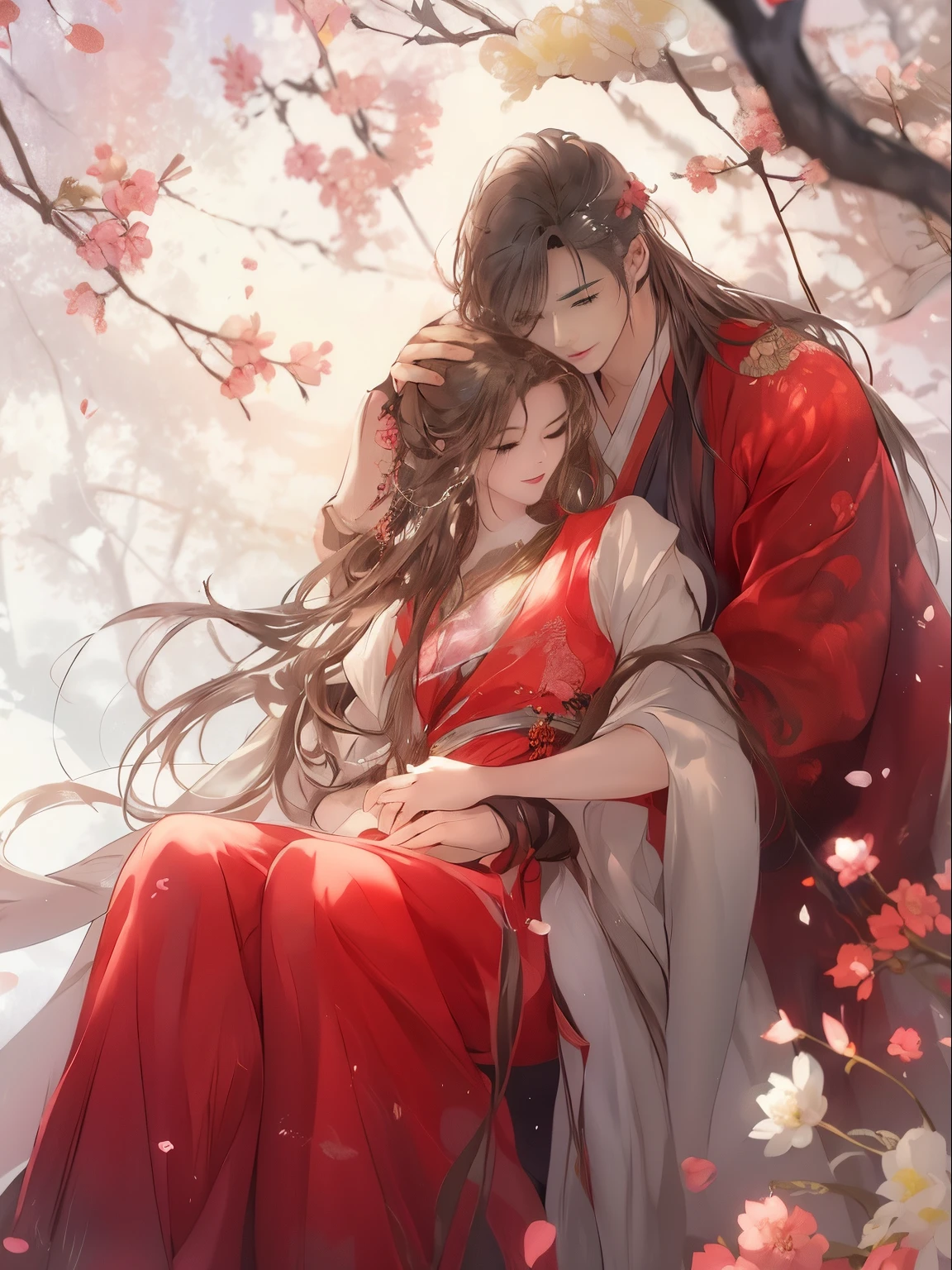 anime, couple, love, romance, cherry blossoms, romance, couple, love, couple, couple, couple, couple, couple, couple,, flowing hair and long robes, by Yang J, xianxia fantasy, by Ye Xin, lovely couple, Middle metaverse, artwork in the style of guweiz, guweiz