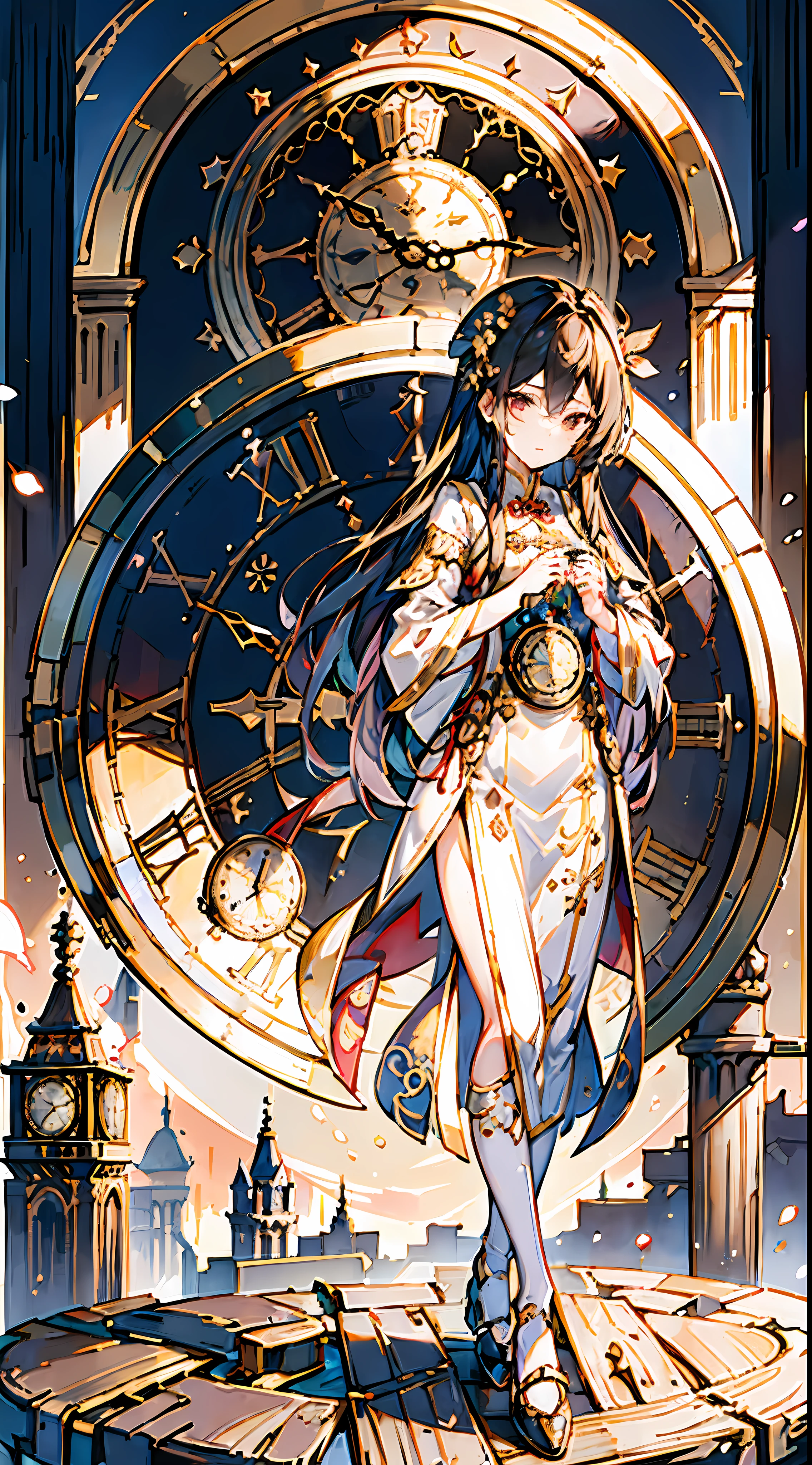 clock, magic_circle, roman_numeral, gears,1girl, long_hair, clock_tower, tower, braid, pocket_watch, solo, long_sleeves, China cloth, hanfu, detailed background, hair ornament, golden clocks, mechanicals