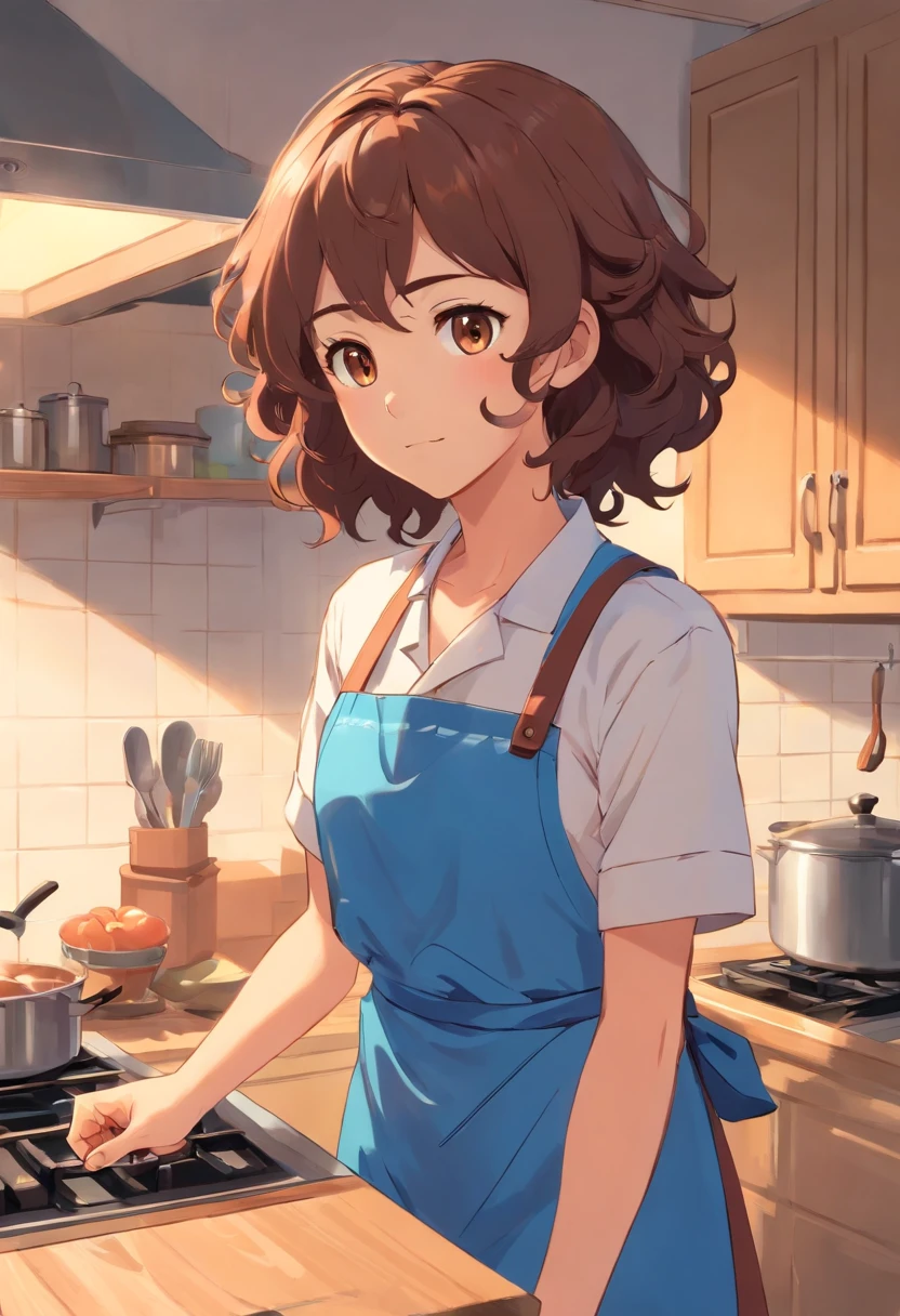 a curly hair mom,Brown eyes,Clothes wearing a blue apron, When the whole body is standing, the mother should turn sideways