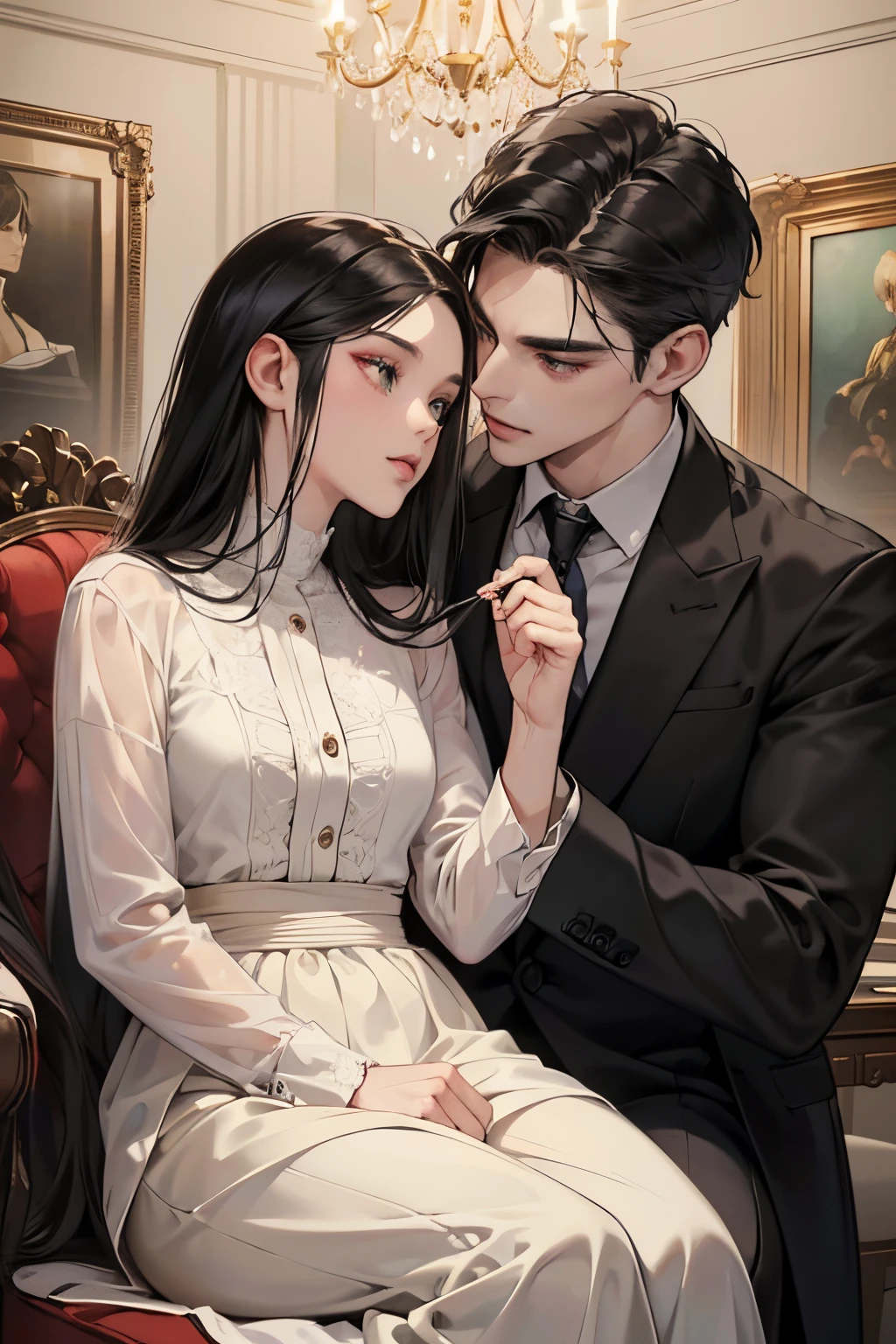 (masutepiece, Digital Art, Digital Illustration, 4K, 8K, Ultra-detailed, beautiful image, Sharp Image, Photorealistic, Raw photo, Perfect face, Perfect lines, Perfect eyes, Soft lighting) 1 woman, (Long Black Hair,straight haired,Bullish gaze,Beautie,Woman in suit,Solid makeup,23 y-o woman,small tits:1.3),Secretary, Two handsome men in suits, (ember,Men in suits,well-muscled,Firm shoulder width,Adult male,Boyish hairstyle,English gentlemanly style,Man in his 30s with a cool expression,28-year-old man with bright smile:1.2),Office scene at night,Antique furnishings,Antique Clamps,Antique chair,chandeliers,Parti、a couple、couple kissing、kiss、the kiss、Romance、