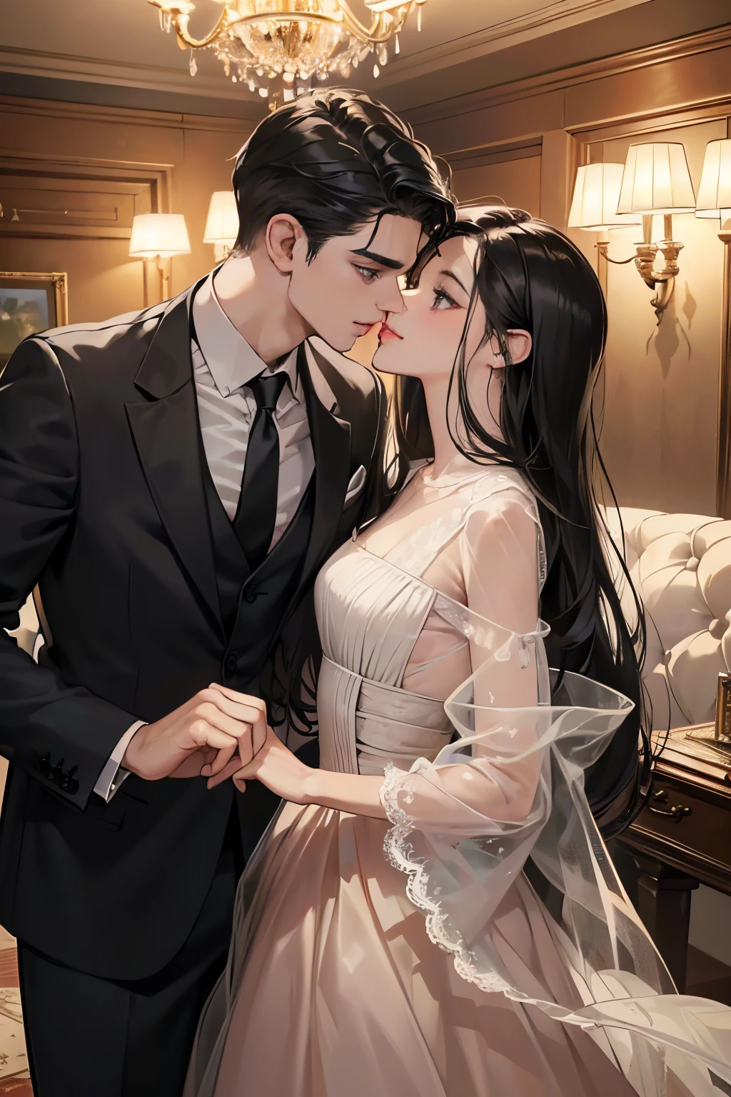 (table top, digital art, digital illustration, 4K, 8K, super detailed, beautiful images, clear image, realistic, RAW photo, perfect face, perfect lines, perfect eyes, soft lighting) 1 female, (long black hair,straight hair,Bullish gaze,beautiful woman,woman wearing a suit,solid makeup,23 year old female,small breasts:1.3),secretary, Two handsome men in suits, (human,Men in suits,muscular,Firm shoulder width, mens,boyish hairstyle,british gentleman&#39;s style,A man in his 30s with a cool expression,28-year-old man with bright smile:1.2),Office scene at night,Antique furnishings,Antique Clamps,Antique chair,chandelier,party、couple、couplekiss、Romance、kiss、Antique furnishings