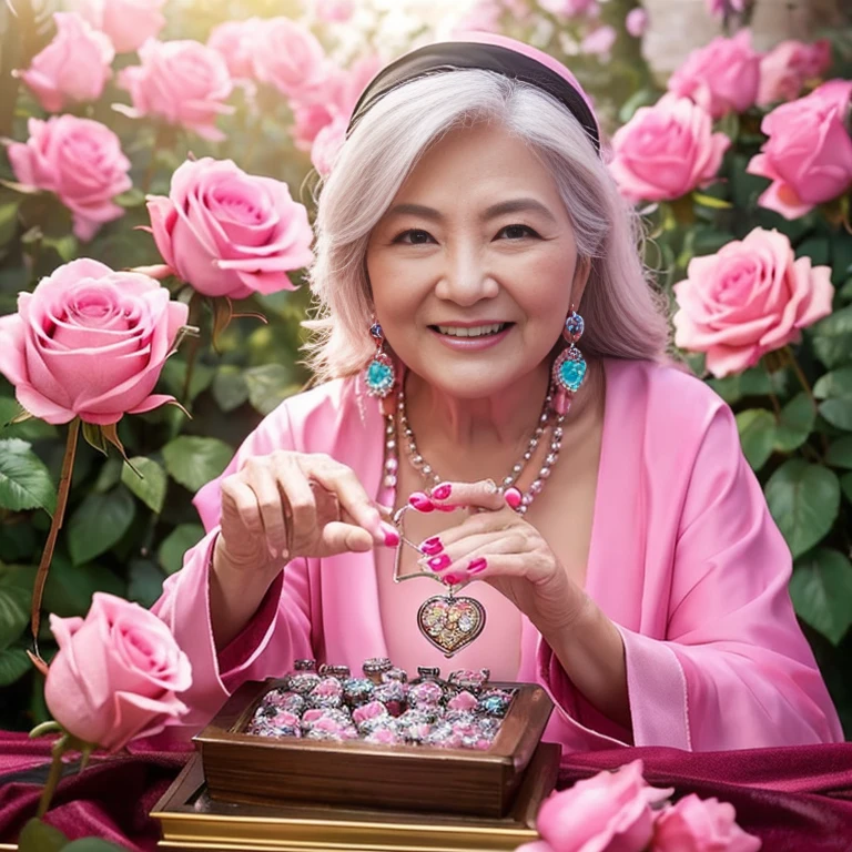 Smiling grandma、fortune teller、big heart crystal、The background is pink roses、old women