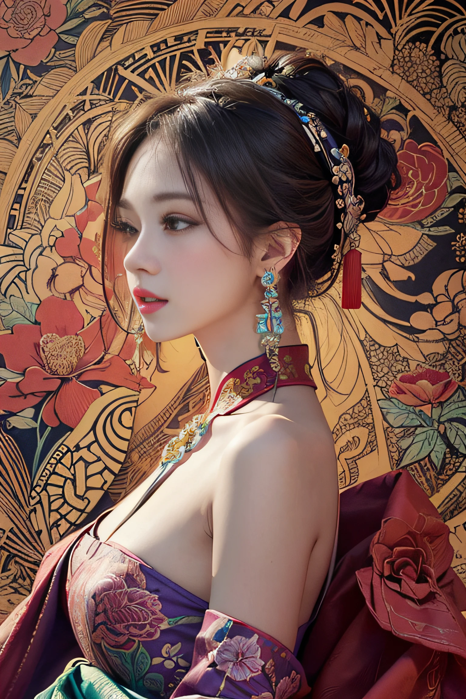 (masterpiece, top quality, best quality, official art, beautiful and aesthetic:1.2), (1girl:1.3), extremely detailed,(fractal art:1.1),(colorful:1.1)(flowers:1.3),highest detailed,(zentangle:1.2), (dynamic pose), (abstract background:1.3), (chinese Traditional cloth:1.2), (shiny skin), (many colors:1.4), ,(earrings:1.4),