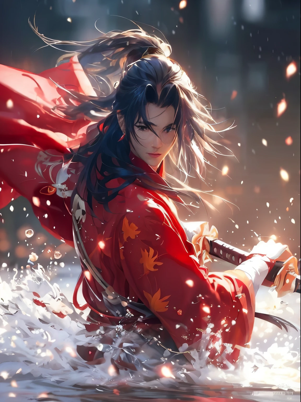 a close up of a person in a red outfit holding a sword, by Yang J, handsome guy in demon slayer art, by Victor Wang, inspired by Wu Daozi, wuxia, zhongli from genshin impact, inspired by Cao Zhibai, by Liang Kai, by Chen Lin, keqing from genshin impact, by Leng Mei