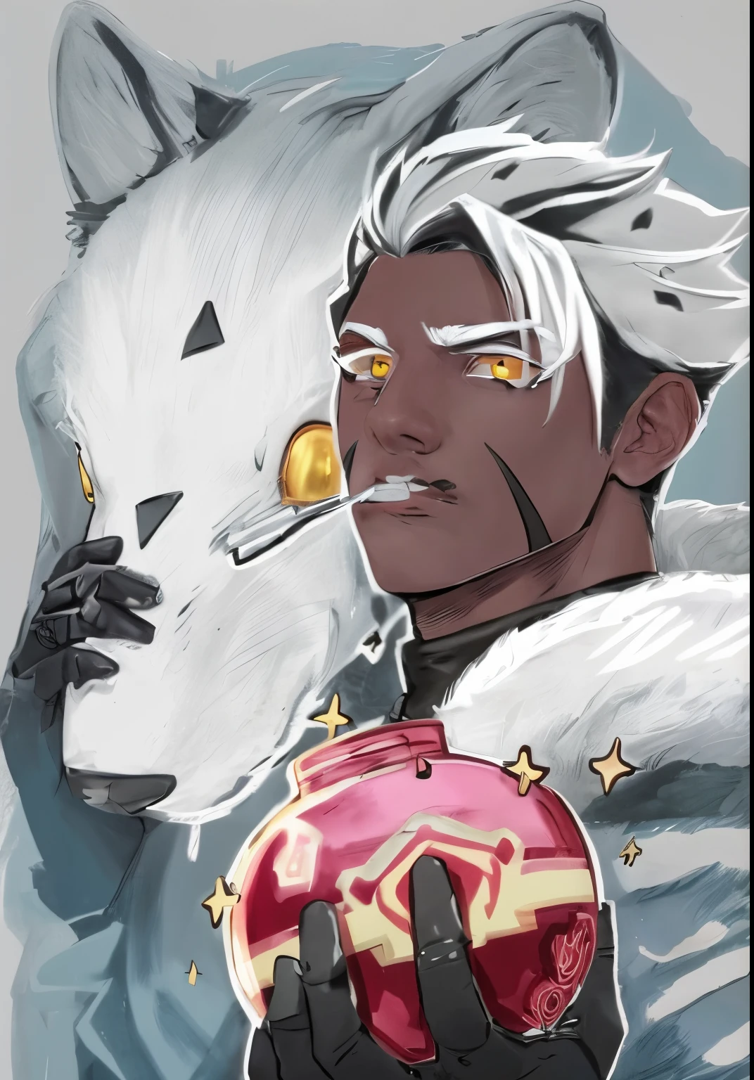 Boy with black and white hair white overcoat with a white wolf behind it