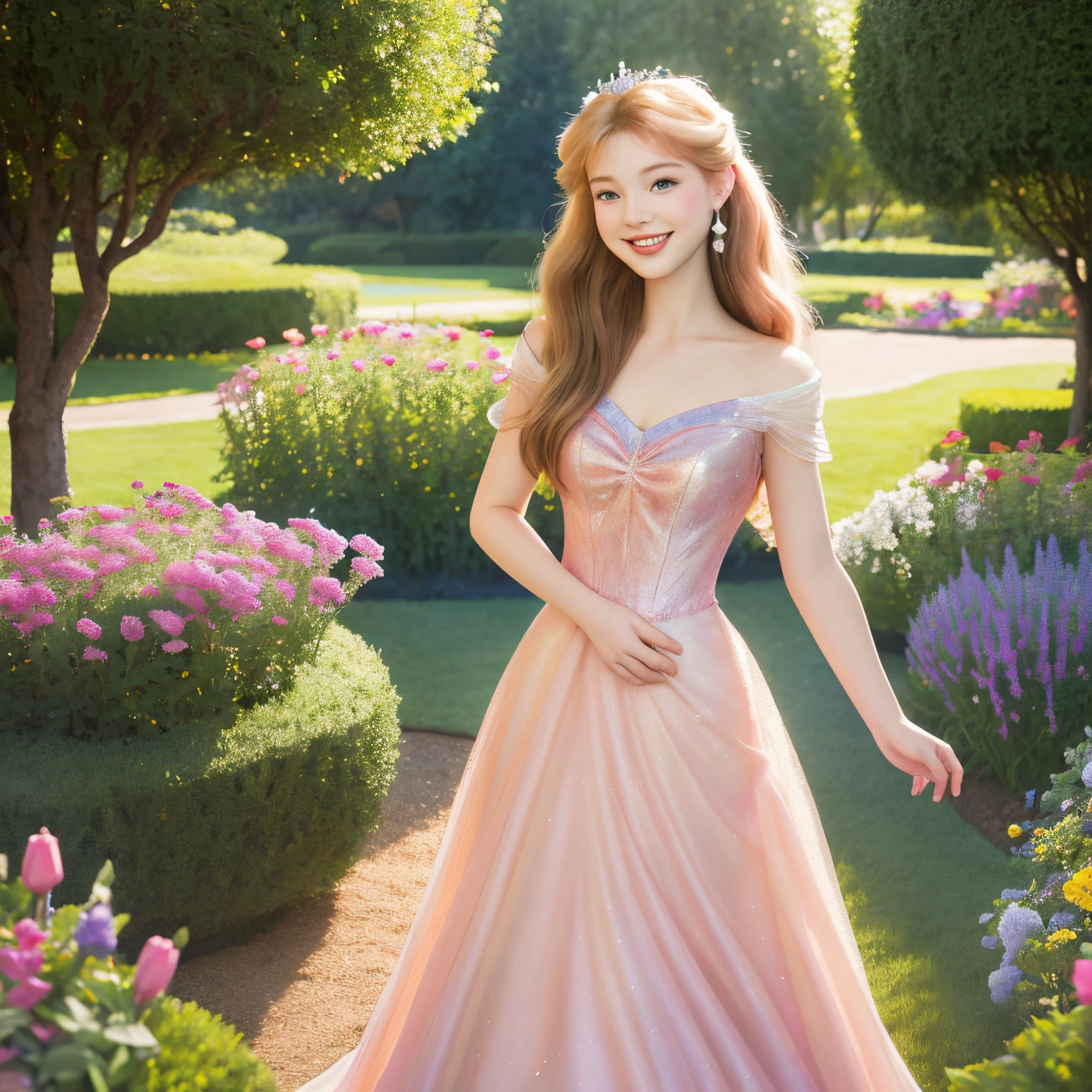 Disney Princess Aurora in pink dress standing in the garden, Cinderella, disney artstyle, princess portrait, disney's princess, disney artstyle, disney artist, art in the style of disney, Disney character style, disney's princess, Disney characters, by disney, photorealistic disney, Smile like a fairy queen, disney art, disney photo reality, style of disney animation