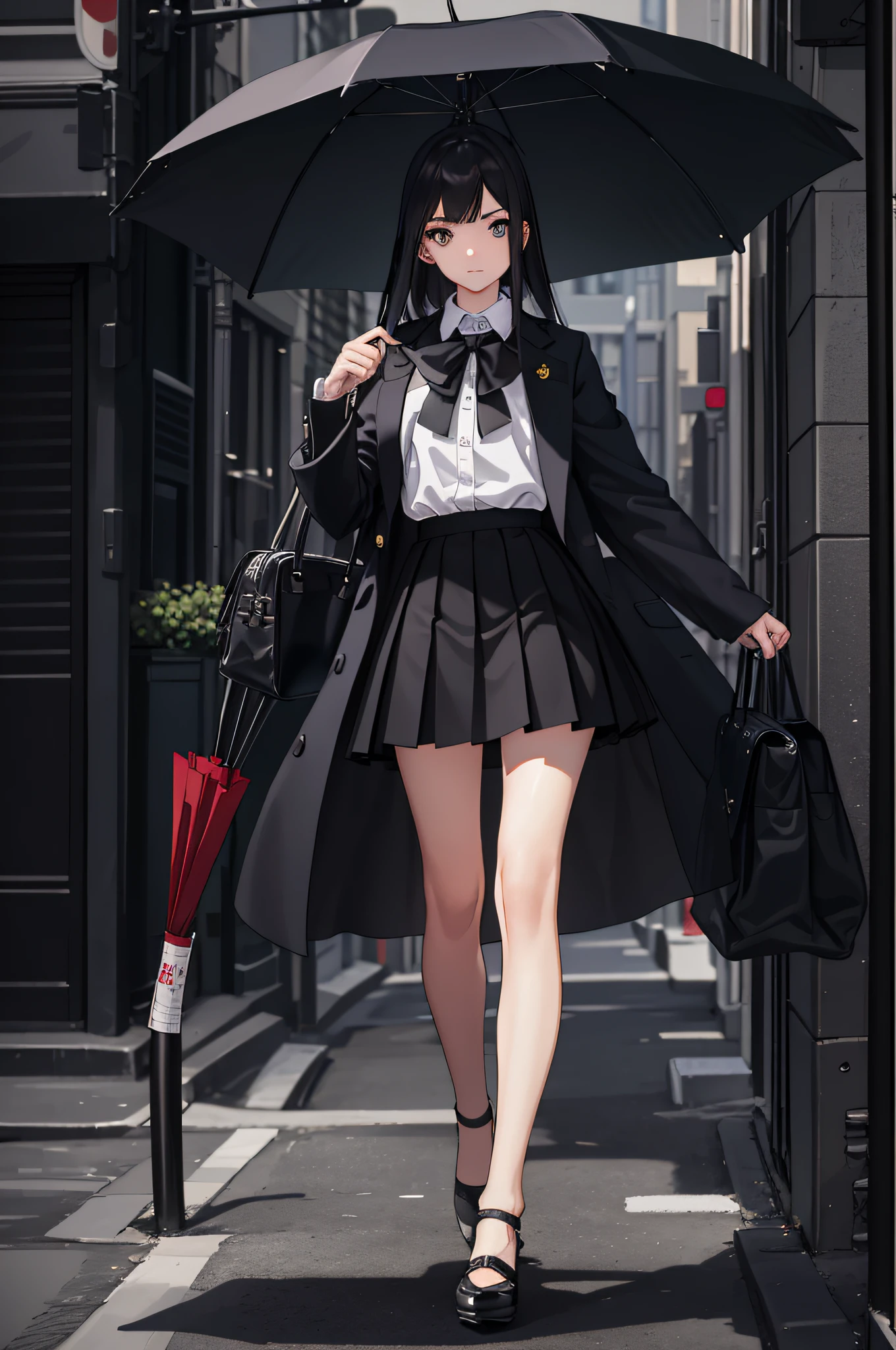 tmasterpiece, best qualtiy, A high resolution, The content is very detailed,1girl, Poker face, up front view, standing on your feet,Holding an umbrella in his hand, The shirt, a skirt, (small) handfeet,