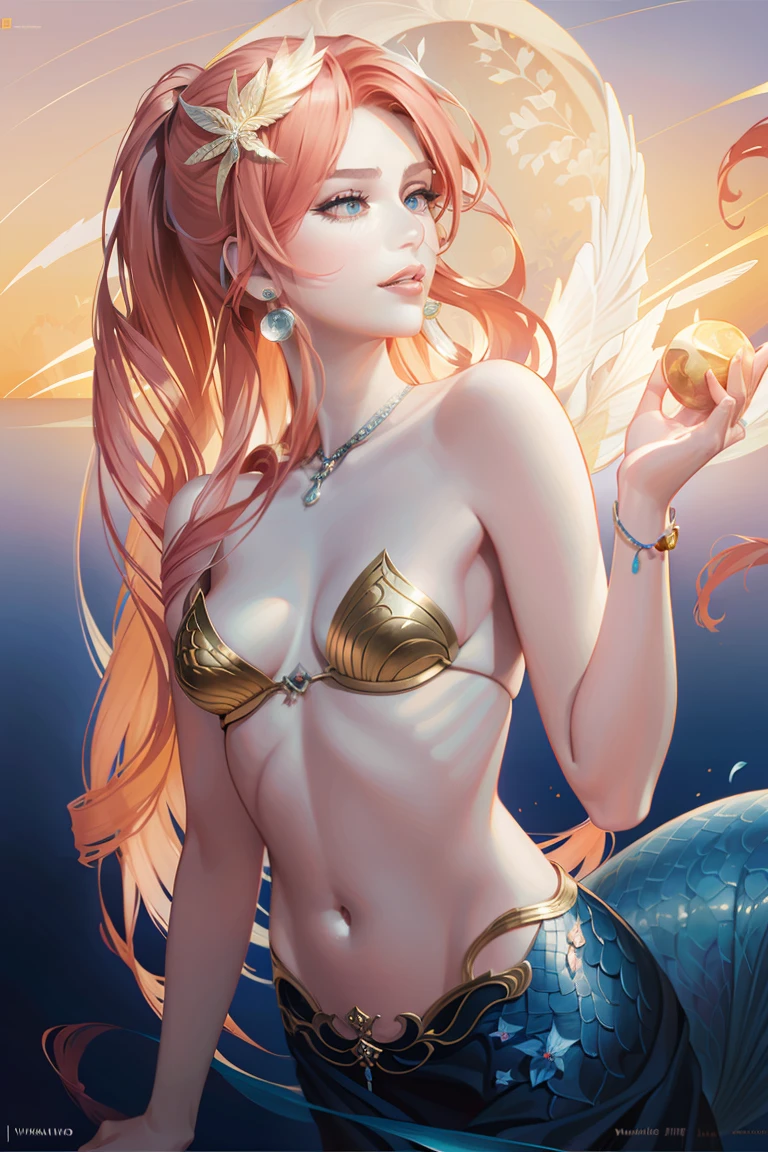 Miley Cyrus's qualities as a mermaid , long red hair, realistic shaded, Fine details. As night fell. very anime style. Ilya Kuvhinov's realistic shadow illumination poster Katsuhiro, Magali Villeneuve, Art germ, Jeremy Lipkin and Michael Garmash, Rob Rey and Miura Kenta style, trending on art station
