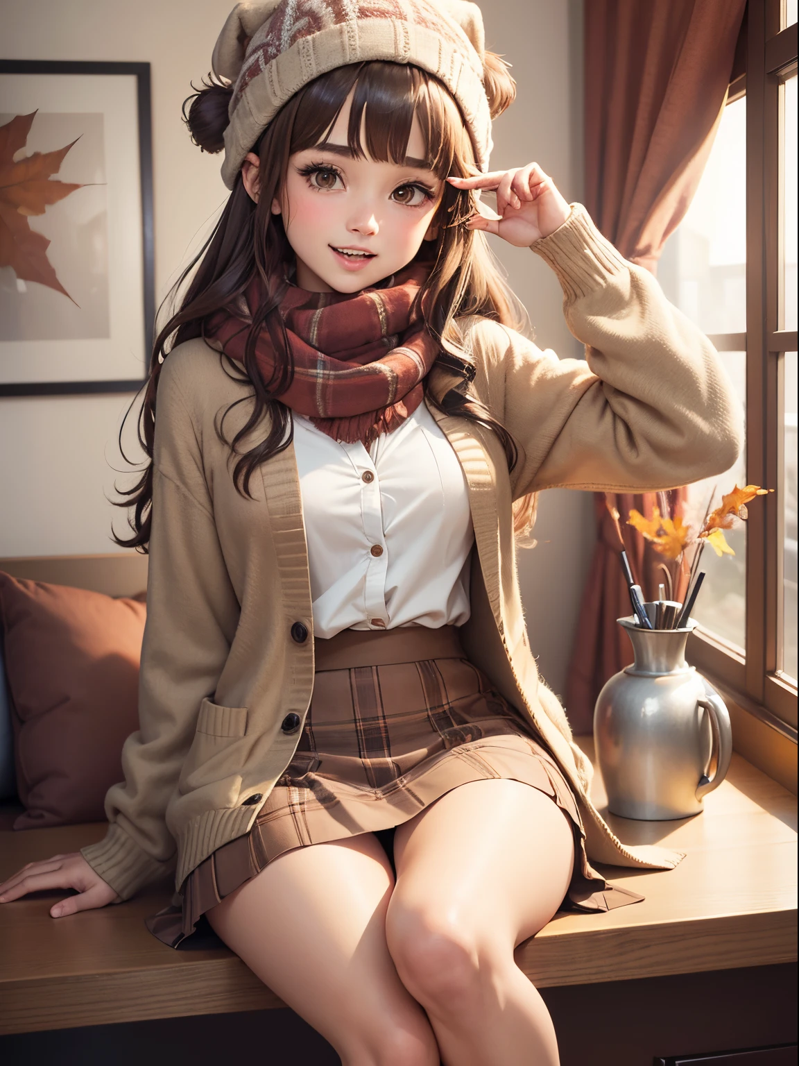 1girl in, Autumn leaves, Bangs, black headwear, Blurry background, blush, Brown eyes, Brown hair, (Accurate Hand Modeling),brown scarf, Brown skirt, Cardigan, Cowboy Shot,Beanie, Holding,Long hair, Long sleeves, Looking at Viewer, open cardigan, Open mouth, Plaid, plaid skirts, puffy long sleeves, Red Sweater, scarf, Shirt, shirt tucked in, side locks, Skirt, Loafer shoes,Smile, Solo, Sweaters, White shirt, Extremely detailed, Convoluted, masutepiece, absurderes,sit naked in a hotel chair,White panty,