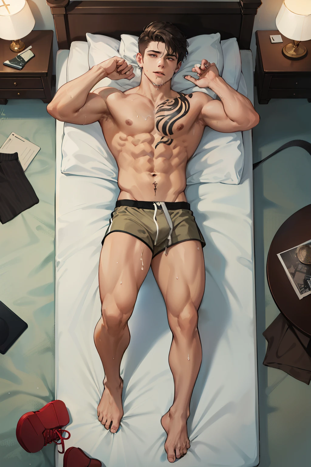 high resolution, ultra detailed, best quality, cinematic lighting, teen 20yo male, full body view, sport body, topless, veined body, bully, tattoo, lying in bed, khaki sneakers, wet body, two males