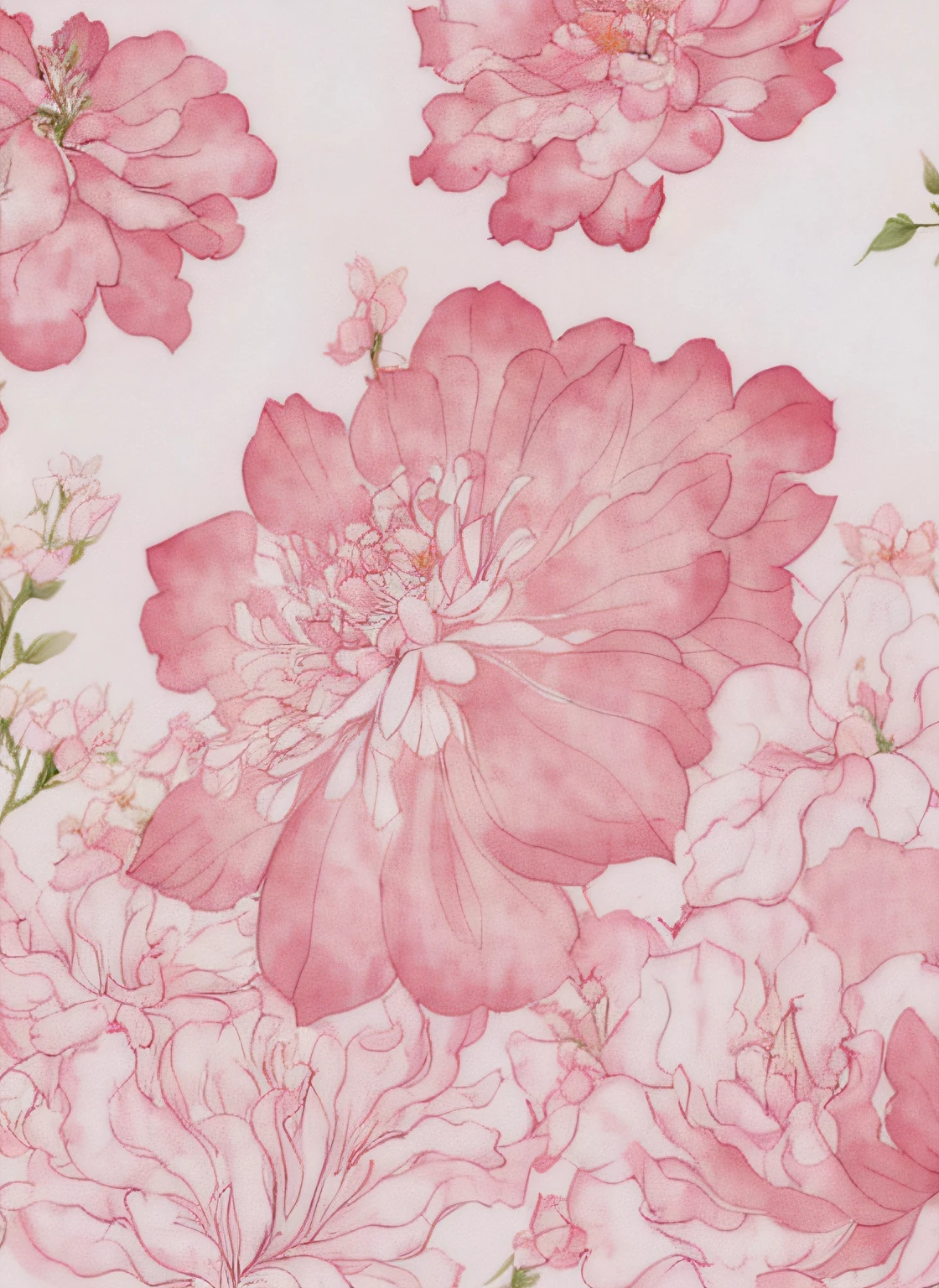 Close-up of pink flower pattern on white background, delicate garden on paper, Gorgeous wallpapers, author:Ayami Kojima, floral patterns, botanical background, botanical watercolors, wallpaper design, floral wallpaper, beautiful wallpaper, inspired by Nagasawa Rosetsu, inspired by Katsushika Ōi, author:Yasutomo Oka, author:Nagasawa rose