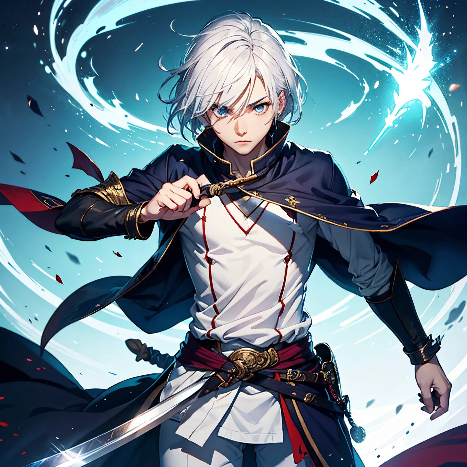 The brave, Beautiful youth, white hair,slender, Magic Swordsman