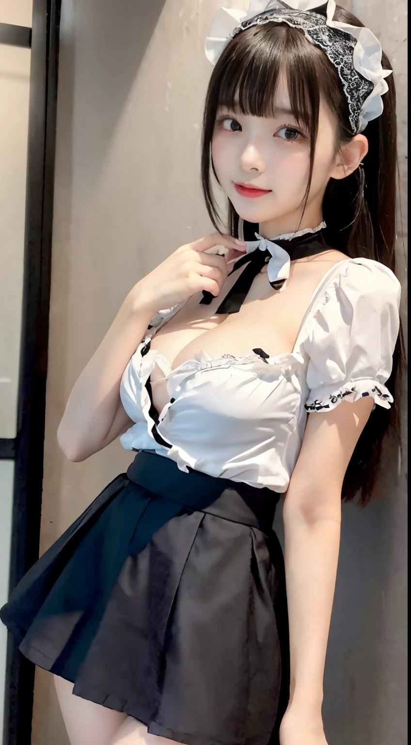 (8K、RAW Photos、Highest quality、masterpiece:1.2)、(Realistic、Realistic)、1 Girl、((Maid Costume:1.2、Thin legs、whole body、View from the front、smile、Looking into the camera、Hold your skirt with both hands and show me your black panties))、cute