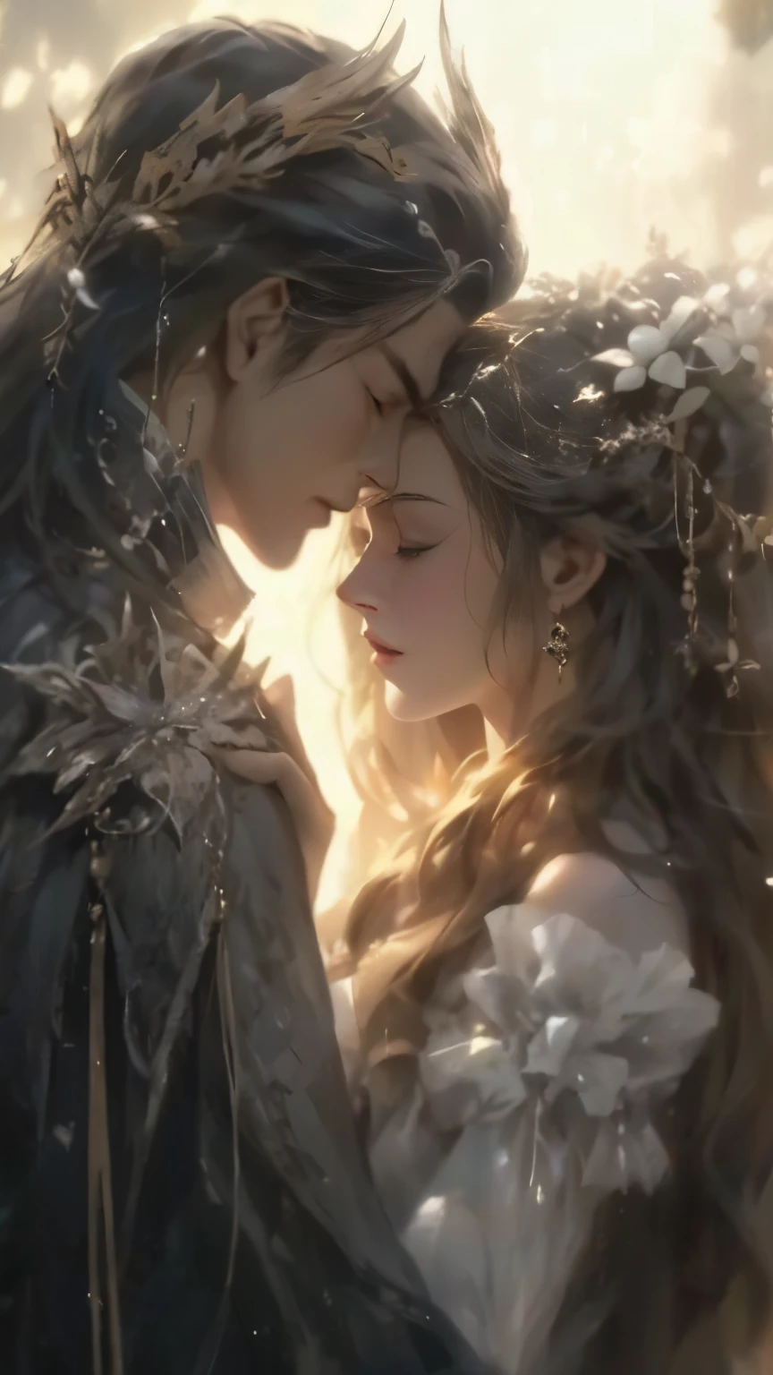 a couple of people that are standing next to each other, ethereal fantasy, romanticism art style, by Yang J, ethereal fairytale, by Li Song, magali villeneuve', beautiful depiction, by Tang Yifen, wlop and sakimichan, guweiz, by Ye Xin, by Chen Lin, xianxia fantasy, concept art of love