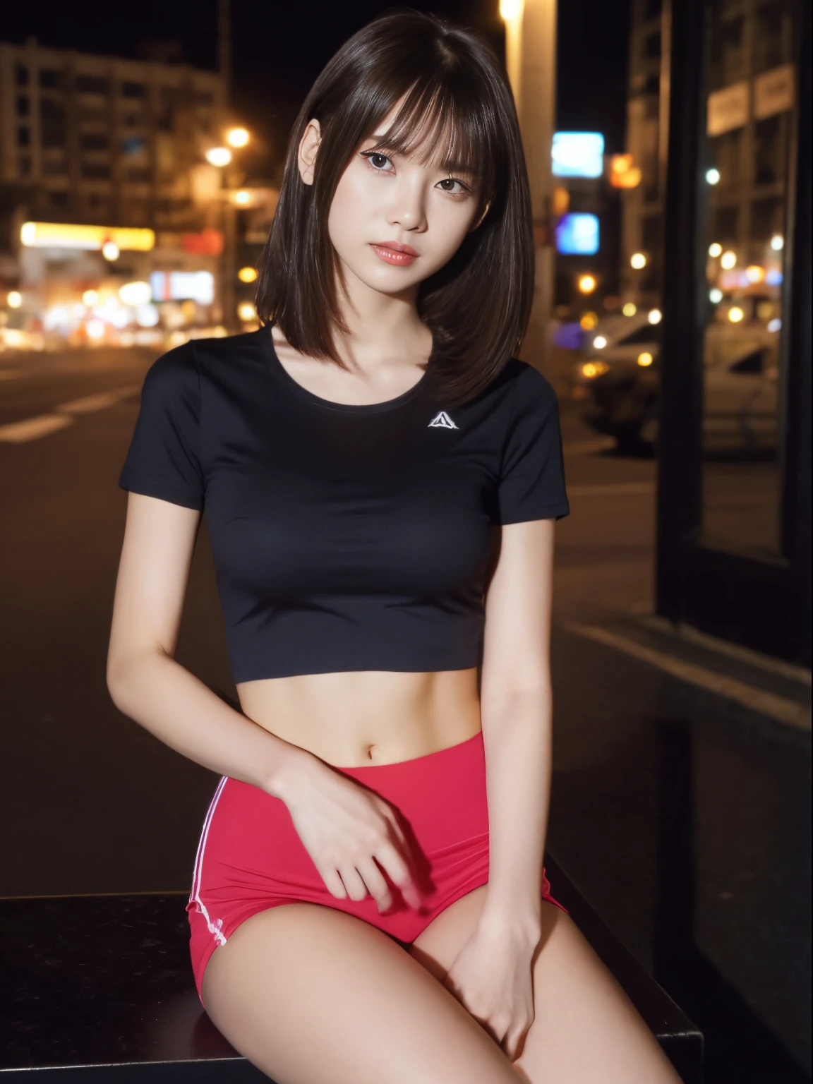 ((mid night, Acura, 8K, tmasterpiece: 1.3)), full body Esbian, long legged, Focalors: 1.2, Perfect figure beautiful woman: 1.4, Slim abs: 1.1, (dark brown hair,: 1.2 )), (Pink Skinny T-Shirt, falda corta,Sitting on Stool: 1.2), (city night scene, teto: 1.3)), Highly detailed face and skin textures, detailedeyes, 二重まぶた,