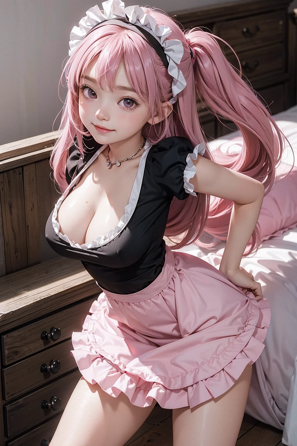 1girl, (masterpiece), best quality, expressive eyes, perfect face, young, (, loli:3), (pink hair:1.15), long hair, (gigantic breasts:1.2), cleavage, thighs, (maid outfit:1.2), smile, standing, blush, bedroom,