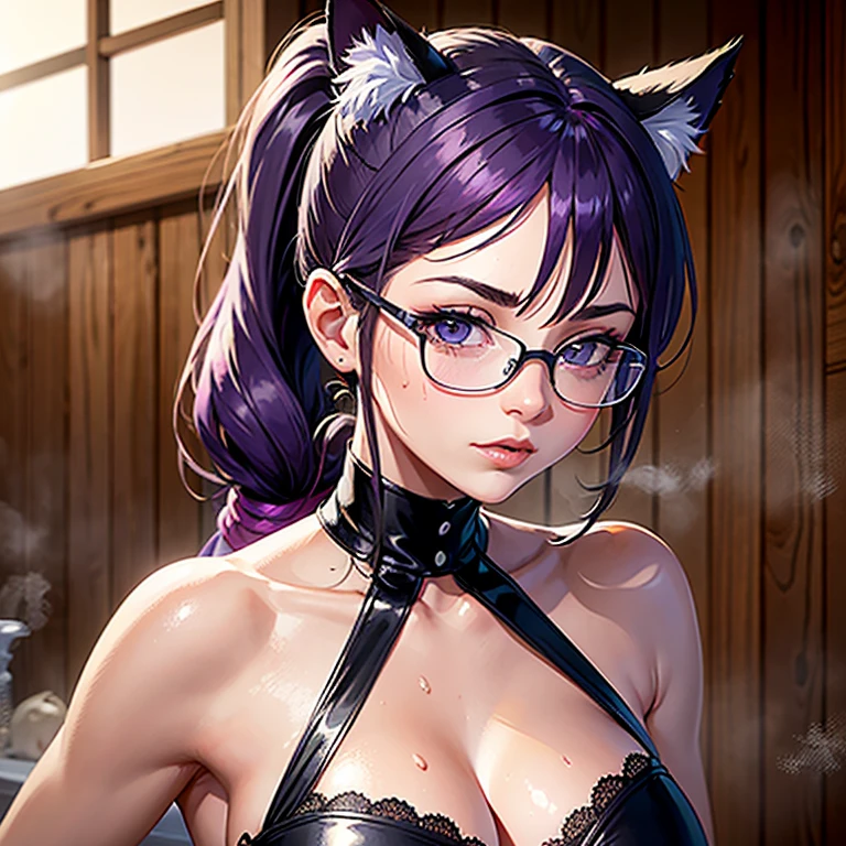 une femme adulte avec des lunettes dans un sauna, hammam, Steam , cover with a towel,  sweaty skin,cat ears, Dark and purple hair (ponytails) , cheveux noirs et mèches violettes, oreilles de chat sur la tête, belle poitrine , Décolleté important, Avatar de seconde vie, Belle capture d’écran, charme , Seconde vie, femme séduisante, portant des lunettes noires brillantes,