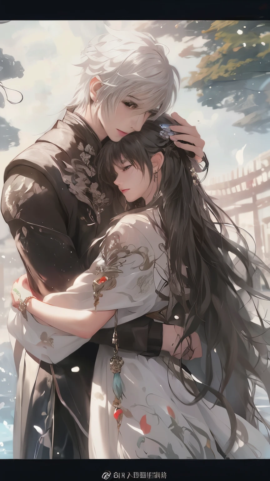 anime couple hugging in the rain, guweiz, guweiz masterpiece, artwork in the style of guweiz, by Yang J, beautiful anime, beautiful fantasy anime, manhwa, by Ye Xin, beautiful depiction, kawacy, lovely couple, flowing hair and long robes, by Yu Zhiding, detailed anime art, wlop and sakimichan