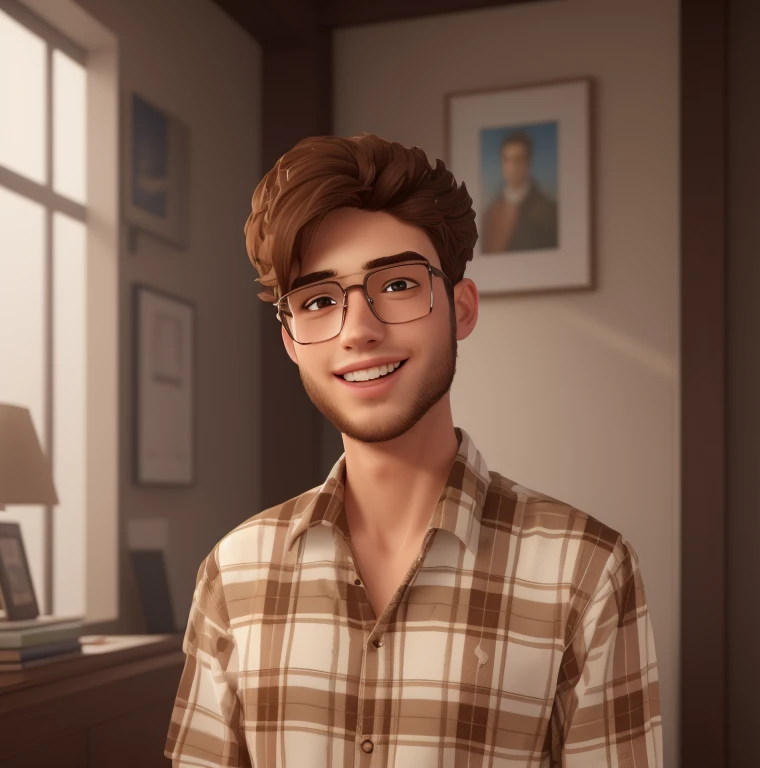 (best quality,4k,8k,highres,masterpiece:1.2),ultra-detailed,realistic,studious young man with messy brown hair, handsome face, square face shape, brown hair and eyes, wearing a white turtleneck, thin-framed glasses.