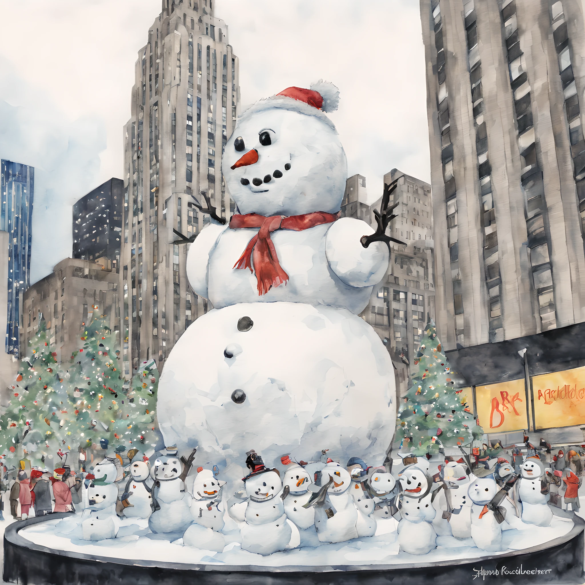 (snowman:1.5),(snowman theme:1.5),(dark horror theme:1.5),(thriller:1.5),(inspiration from Stephen King and ghost busters:1.5),(dark fantasy:1.5), (ink and watercolor painting:1.5), (full color:1.5), 8k, 4k, (snowman in front of rockefeller center:1.5),(Christmas:1.5),(absurderes:1.5),(fantastic:1.5),(best quality:1.5),(masterpiece:1.5),