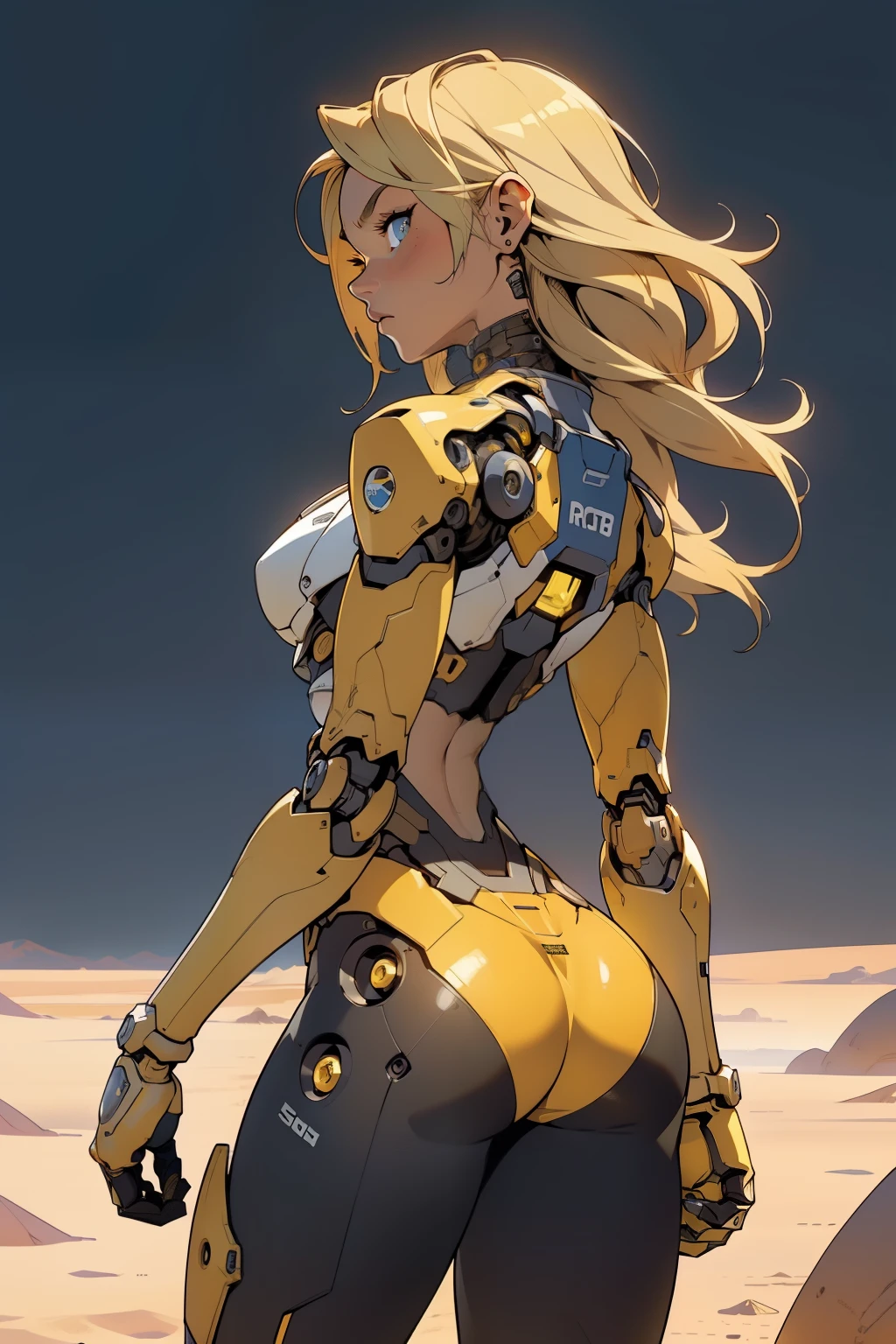 high quality, 4k, masterpiece, beautiful, cyborg girl, cowboy shot, dull eyes, back side, turning around to look at viewer, long blonde hair, girl, small breasts, fit thigh, robotic arms, robotic body, cyborg body, yellow accent, redaccent, intricate detail, joint, detailed lines, robotic detail, 1fist on hip, color robotic parts, robotic parts with color, perfect fingers, on a desert planet, sunny background, colorful desert,