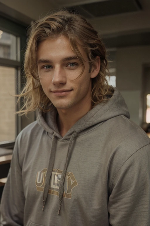 medium haired male, middle parted hair, golden blonde hair, vivid light, subtle smile, Neels Visser-inspired hair, university student, wearing a university-themed hoodie, gray hoodie, green eyes, manly, masculine, wavy messy hair, medium lenght hair, american