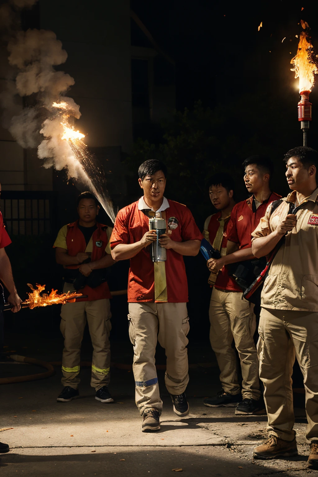 Group of men, many of Asian descent，Fire drill, Hold the fire hose holding a fire extinguisher, There is a flame.