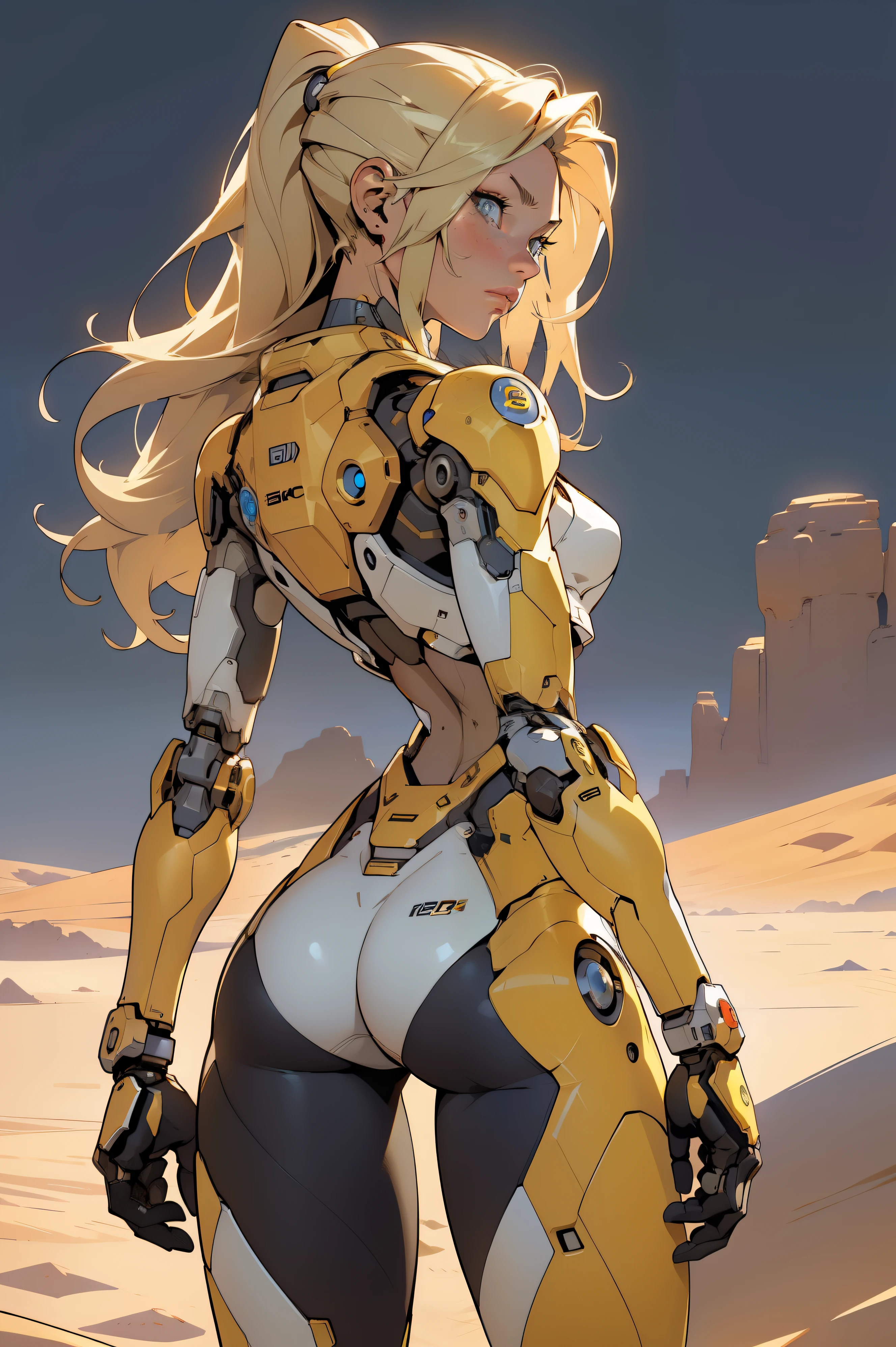 high quality, 4k, masterpiece, beautiful, cyborg girl, cowboy shot, dull eyes, back side, turning around to look at viewer, long blonde hair, girl, small breasts, fit thigh, robotic arms, robotic body, cyborg body, yellow accent, redaccent, intricate detail, joint, detailed lines, robotic detail, holding fist up, holding hand up as fist, color robotic parts, robotic parts with color, perfect fingers, on a desert planet, sunny background, colorful desert,