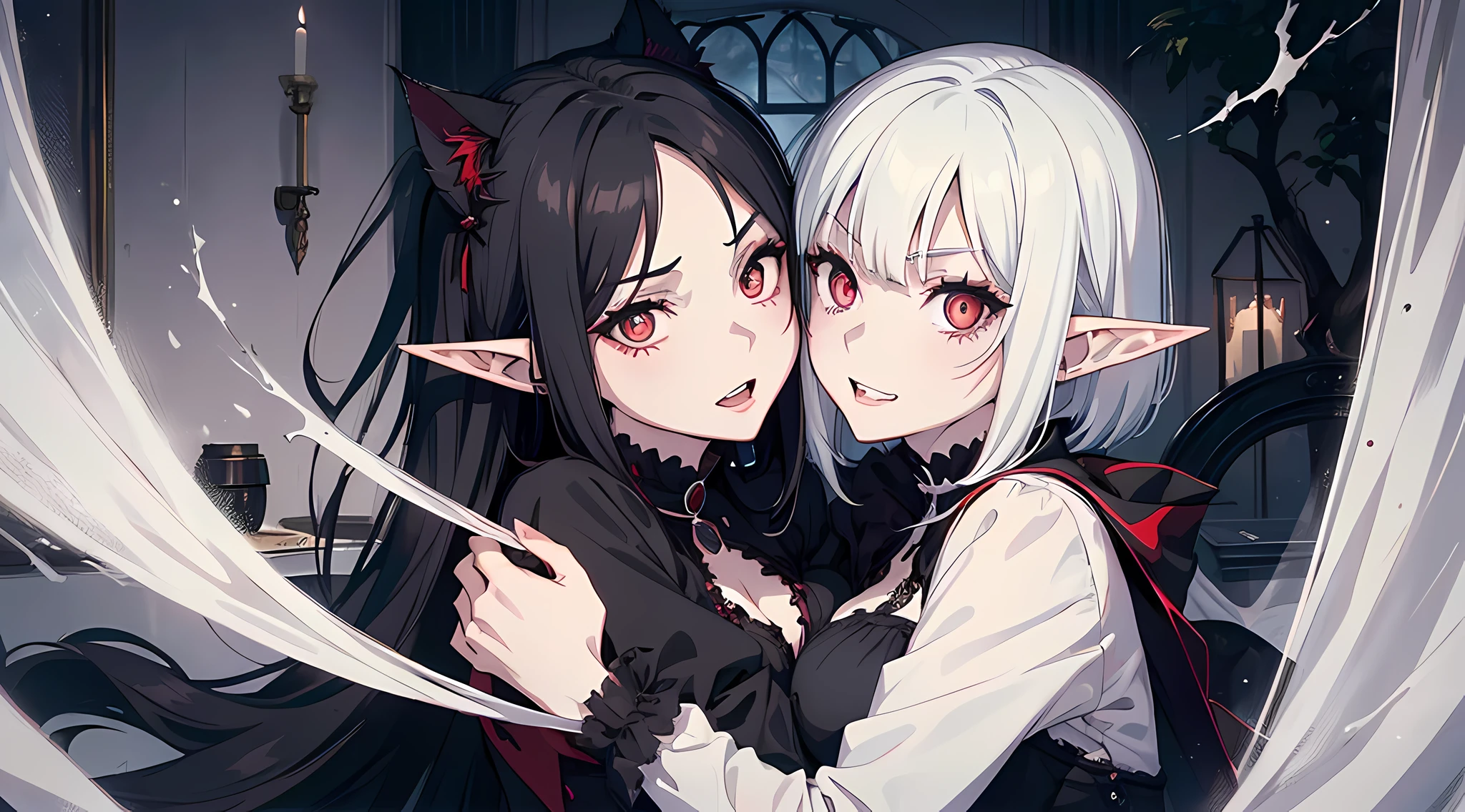 two vampire girls, looking at viewers, black long hair, White short hair, Dark colors, ghotic style, Creepy style, Mommy Vibe, Two elf, Crazy, hugging, Strong facial study, full body, anger, bedroom