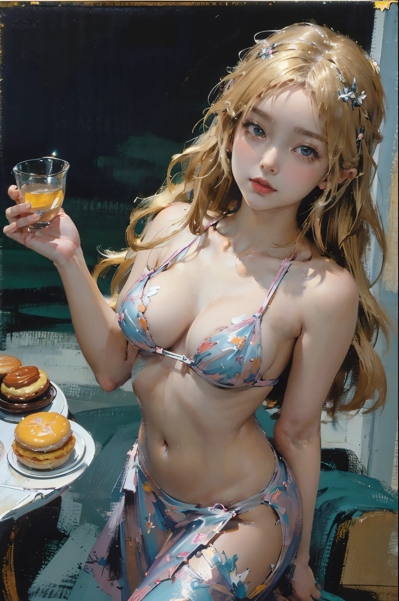 tmasterpiece, The is very detailed, (Chibi:1.3), , (1个Giant Breast Girl), Blonde hair, pastelcolor, comfortable atmosphere, Dessert display case, macaron, Cupcakes, pastie, Cupcakes, coffee machines, Blackboard menu, natural  lightting, Glass jars filled with candy, Frosted window glass, Decorative panels, Whimsical decoration, Sugar carving, 8K, k hd, 详细的脸, 詳細な目，hyper realisitc, + Cinema lenses + dynamic compositions, The is very detailed, Sharpen, Cinematic, warmly lit, Light effect, Dramatic light, (Complicated details:1.1), the complex background, (greg rutkovsky:0.8), (cyan and orange:0.4），Correct anatomy，Close-up cleavage,,((Sexual suggestiveness)),,(Fechin Oil Painting - Fechin Oil Painting , oil painted), 0