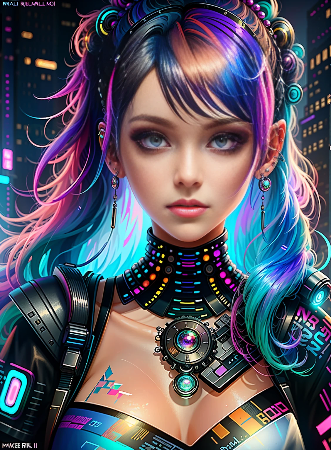 ((best quality)), ((masterpiece)), ((realistic)), (detailed), (1 girl), ((full body:1.4)), woman with colorful hair and piercings, dreamy cyberpunk girl, 4K high-detail digital art, stunning digital illustration, stunning 8K artwork, colorful digital fantasy art, colorful and dark, beautiful digital artwork, colorful digital painting, cyberpunk digital anime art, girl with luminous wave, 8K HD digital wallpaper art, gorgeous digital painting