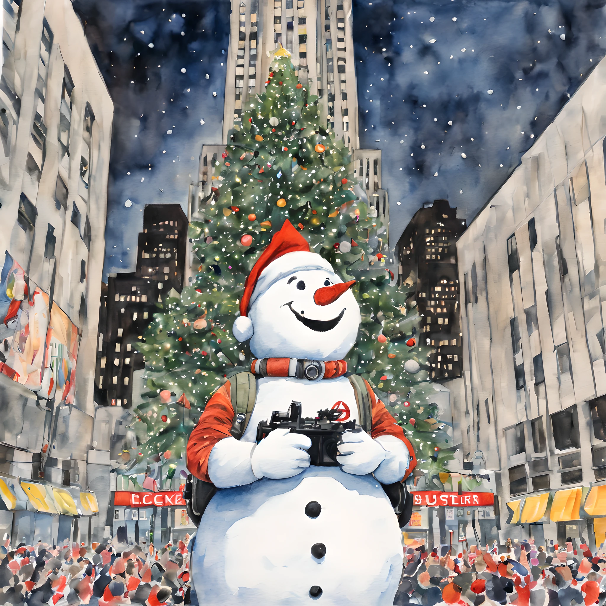 (snowman:1.5),(snowman theme:1.5),(dark horror theme:1.5),(thriller:1.5),(inspiration from Stephen King and ghost busters:1.5),(dark fantasy:1.5), (ink and watercolor painting:1.5), (full color:1.5), 8k, 4k, (snowman in front of rockefeller center:1.5),(Christmas:1.5),(absurderes:1.5),(fantastic:1.5),(best quality:1.5),(masterpiece:1.5),