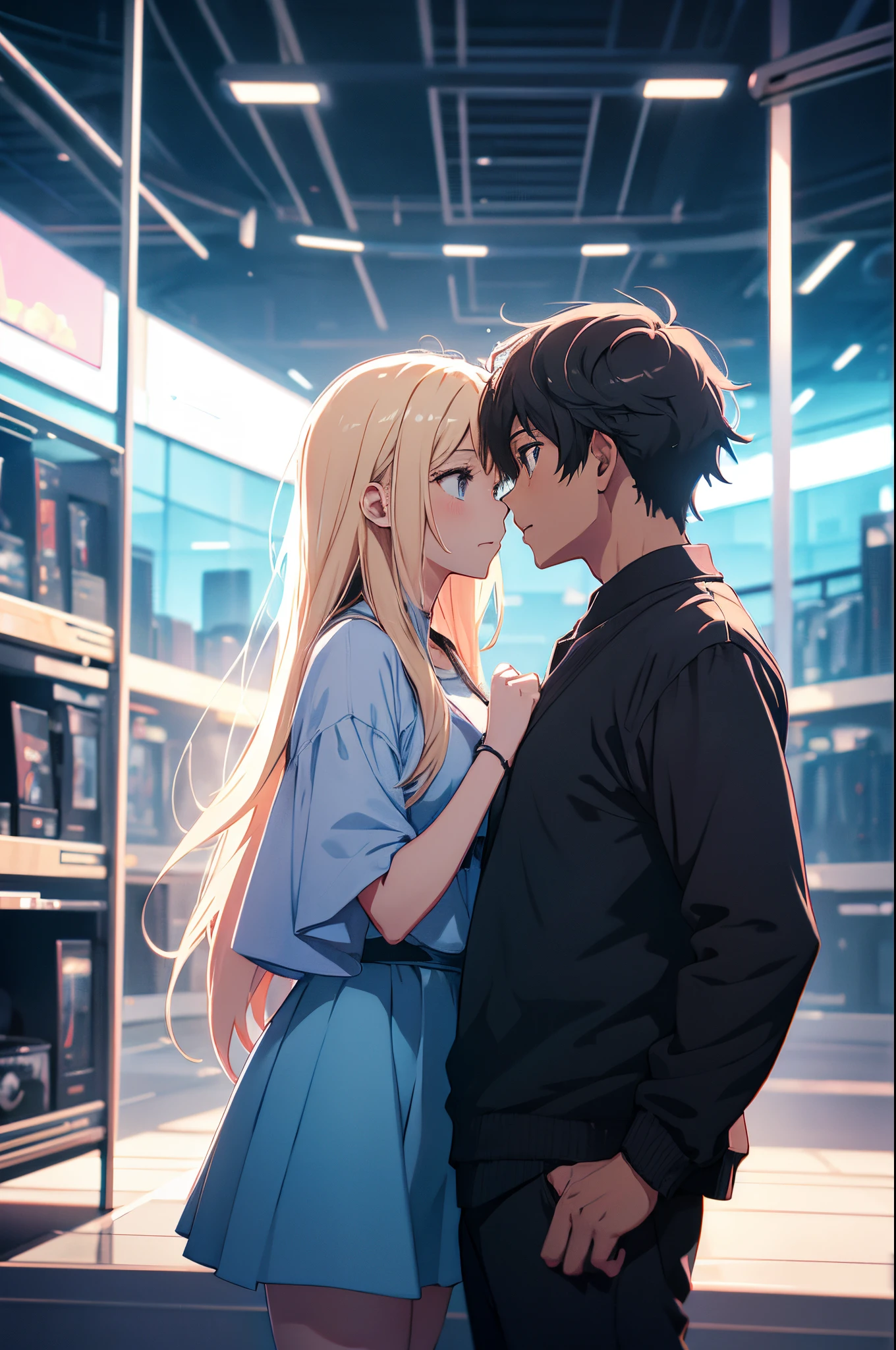 a couple, boy, girl, looking at each other, anime style, chromatic aberration, god rays, UHD, ccurate, high details, best quality, high quality, super detail, award winning