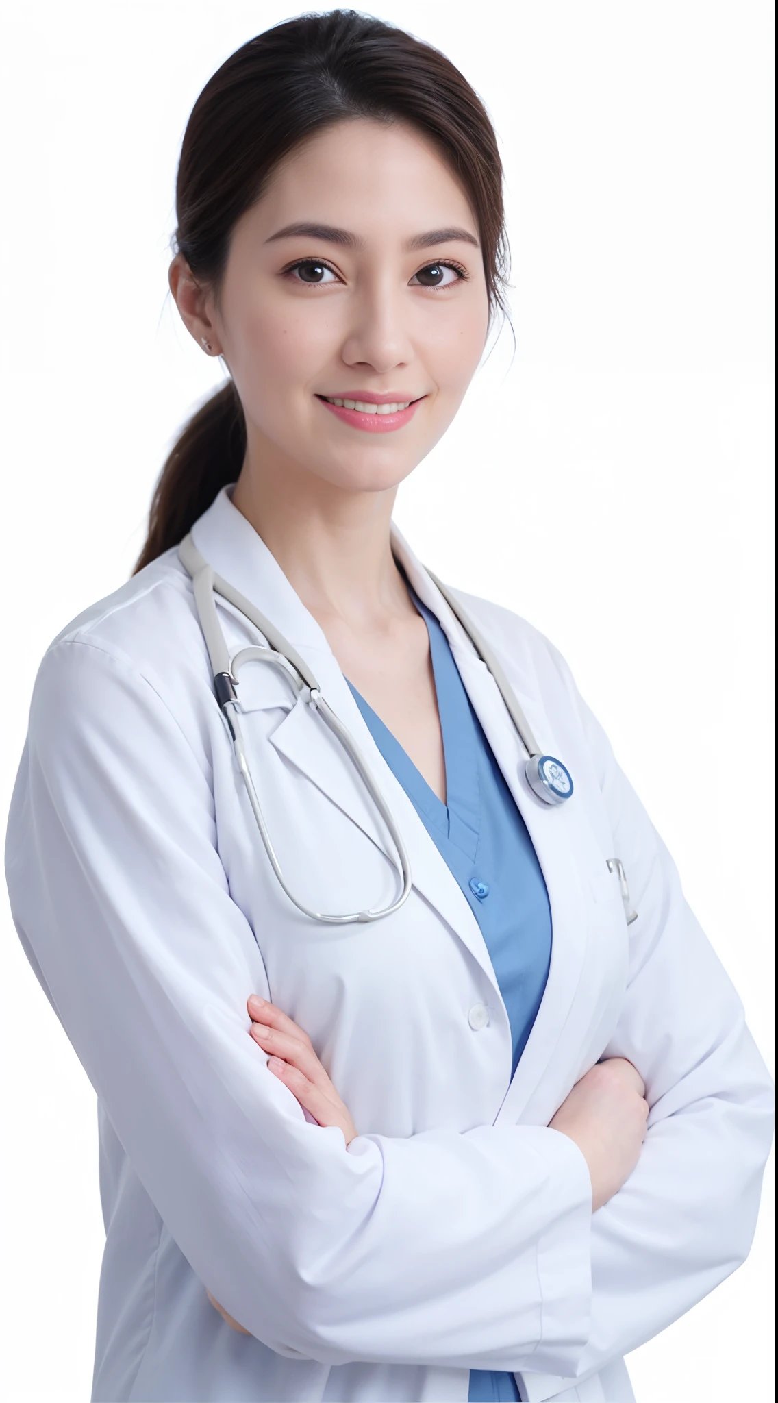 Alafid woman wearing white coat and blue scrubs, the doctor, the doctor, (the doctor), medical image, Clean medical environment, Wearing a lab coat and shirt, Manteau blanc, With a stethoscope, healthcare worker, Wear a lab coat, Medical photography, Medical, Background image, Wearing a white lab coat, nurse girl, Wear a lab coat