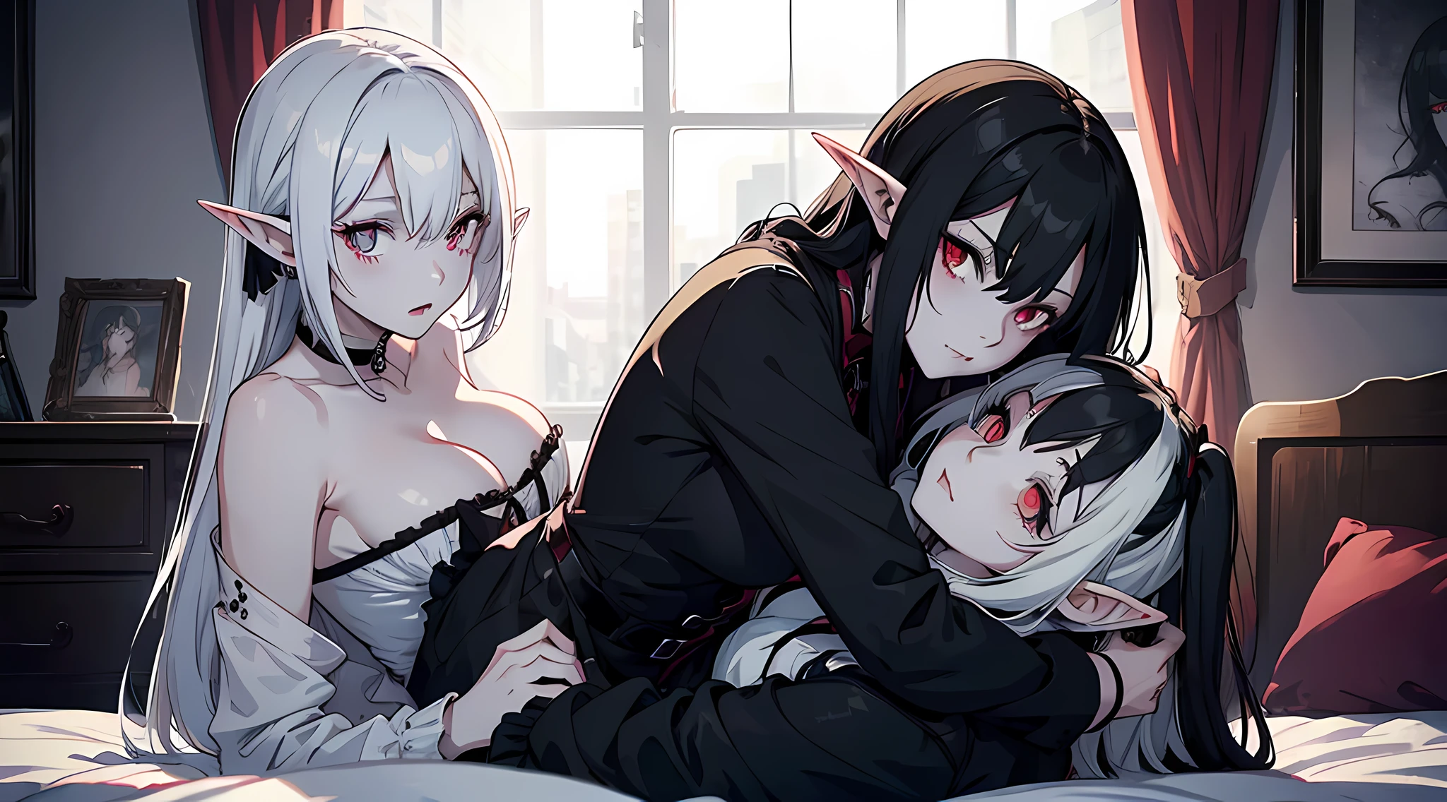 two vampire girls, looking at viewers, black long hair, White short hair, Dark colors, ghotic style, Creepy style, Mommy Vibe, Two elf, Crazy, hugging, Strong facial study, full body, anger, bedroom