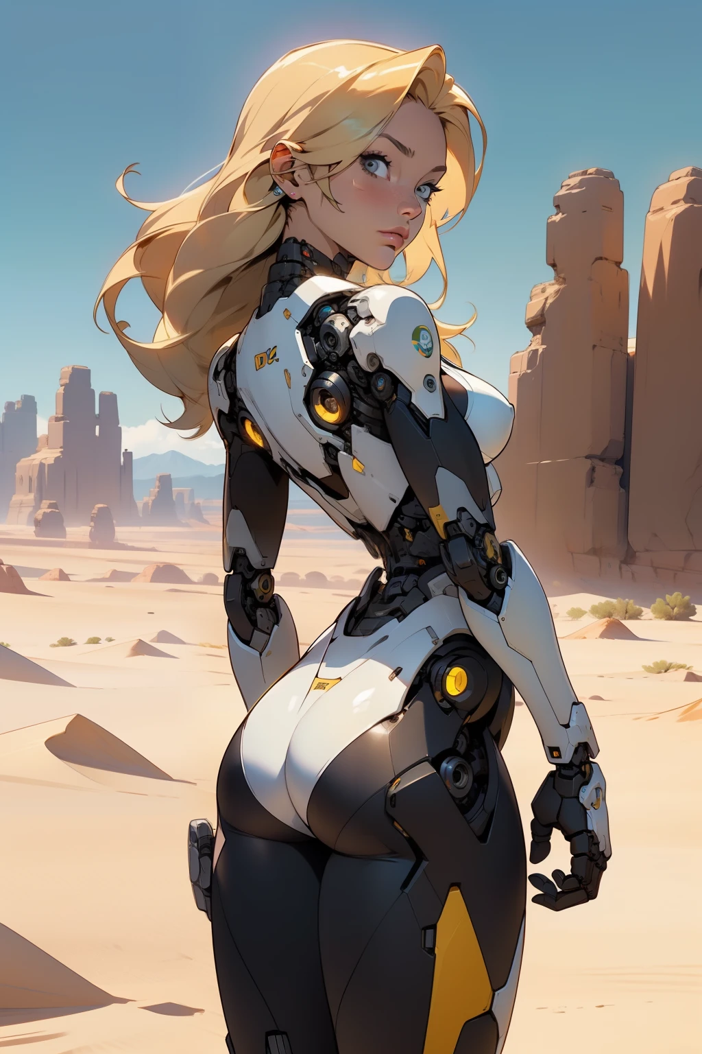 high quality, 4k, masterpiece, beautiful, cyborg girl, cowboy shot, dull eyes, back side, turning around to look at viewer, long blonde hair, girl, small breasts, fit thigh, robotic arms, robotic body, cyborg body, yellow accent, redaccent, intricate detail, joint, detailed lines, robotic detail, holding fist up, holding hand up as fist, color robotic parts, robotic parts with color, perfect fingers, on a desert planet, sunny background, colorful desert,