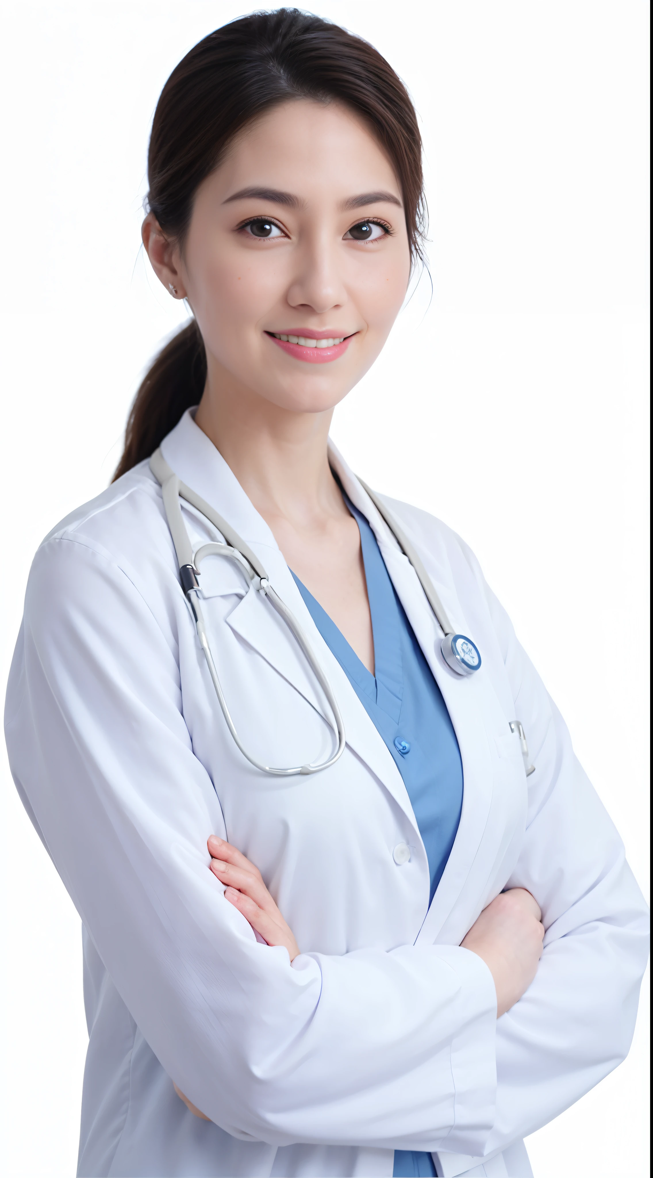 Alafid woman wearing white coat and blue scrubs, the doctor, the doctor, (the doctor), medical image, Clean medical environment, Wearing a lab coat and shirt, Manteau blanc, With a stethoscope, healthcare worker, Wear a lab coat, Medical photography, Medical, Background image, Wearing a white lab coat, nurse girl, Wear a lab coat