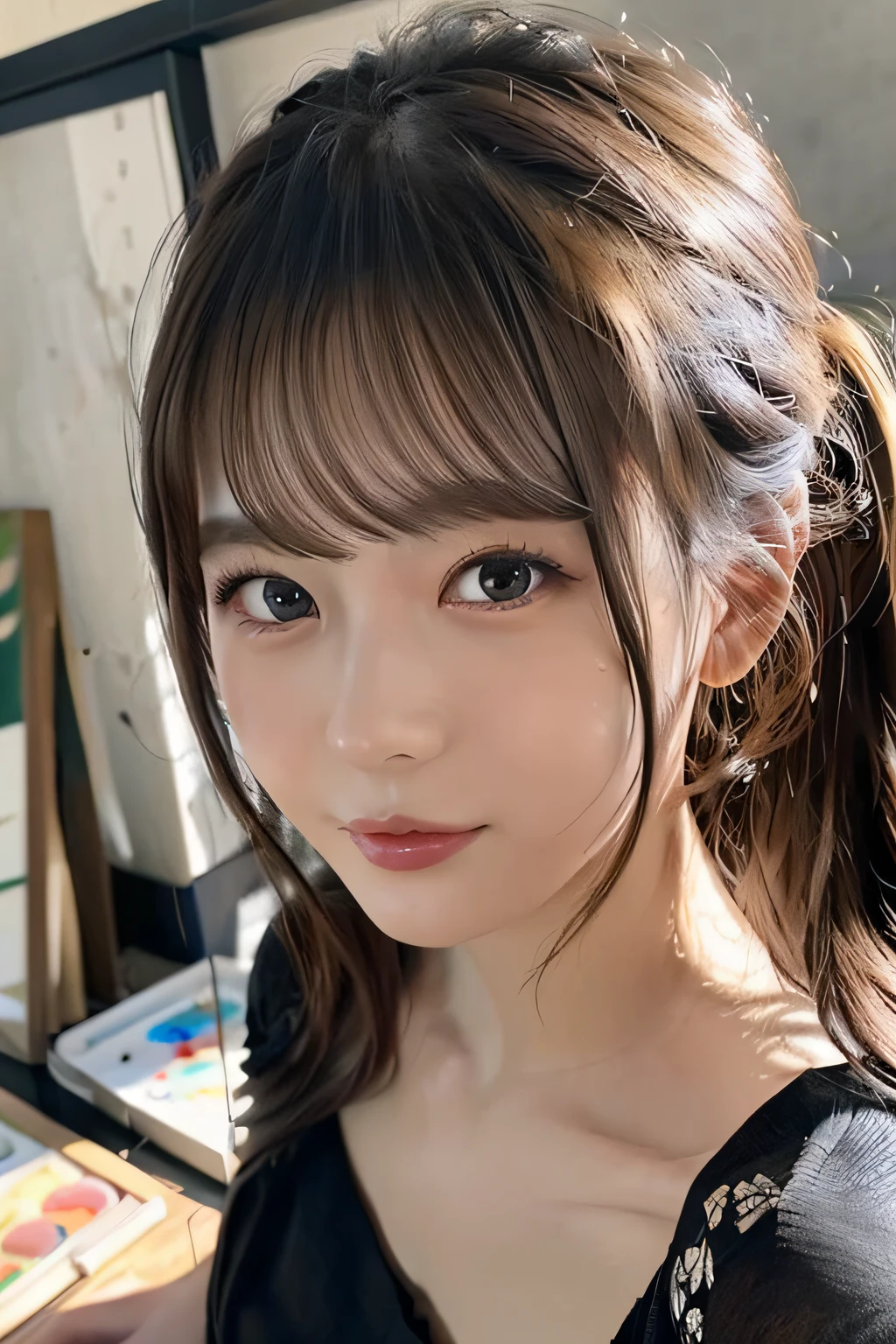 (highest quality), (pieces fly), (High resolution), (exquisite details:0.2),(professional lighting), room, detailed background,  off shoulder, (previous view), 1 girl, alone, (cute face:1.40),  slimなボティ, fine skin, lonely look、 twin tails, , (medium sized beast:1.10), View with viewer,small body、flat body、slim、look up from below