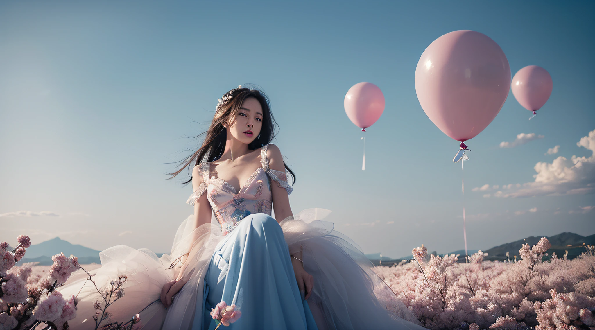 dramatic, gritty, intense:1.4),masterpiece, best quality, 8k, insane details, intricate details, hyperdetailed, hyper quality, high detail, ultra detailed, Masterpiece, light and shade contrast,,full-body image, A beautiful maiden, in a fairy dress, sat on a pale blue ball against a background of three transparent pink balloons, Hair rings, blue sky and white clouds,light pinkand black, surreal urban scenes, kenro izu,traditional portrait painting, unified stageimages,