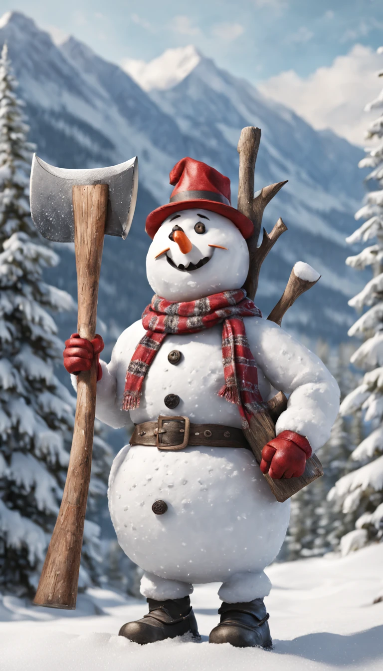 (masterpiece, best quality, ultra-detailed, photorealistic), a lumberjack snowman, made of show, walking, carrying an axe, snowy mountain area, dynamic pose